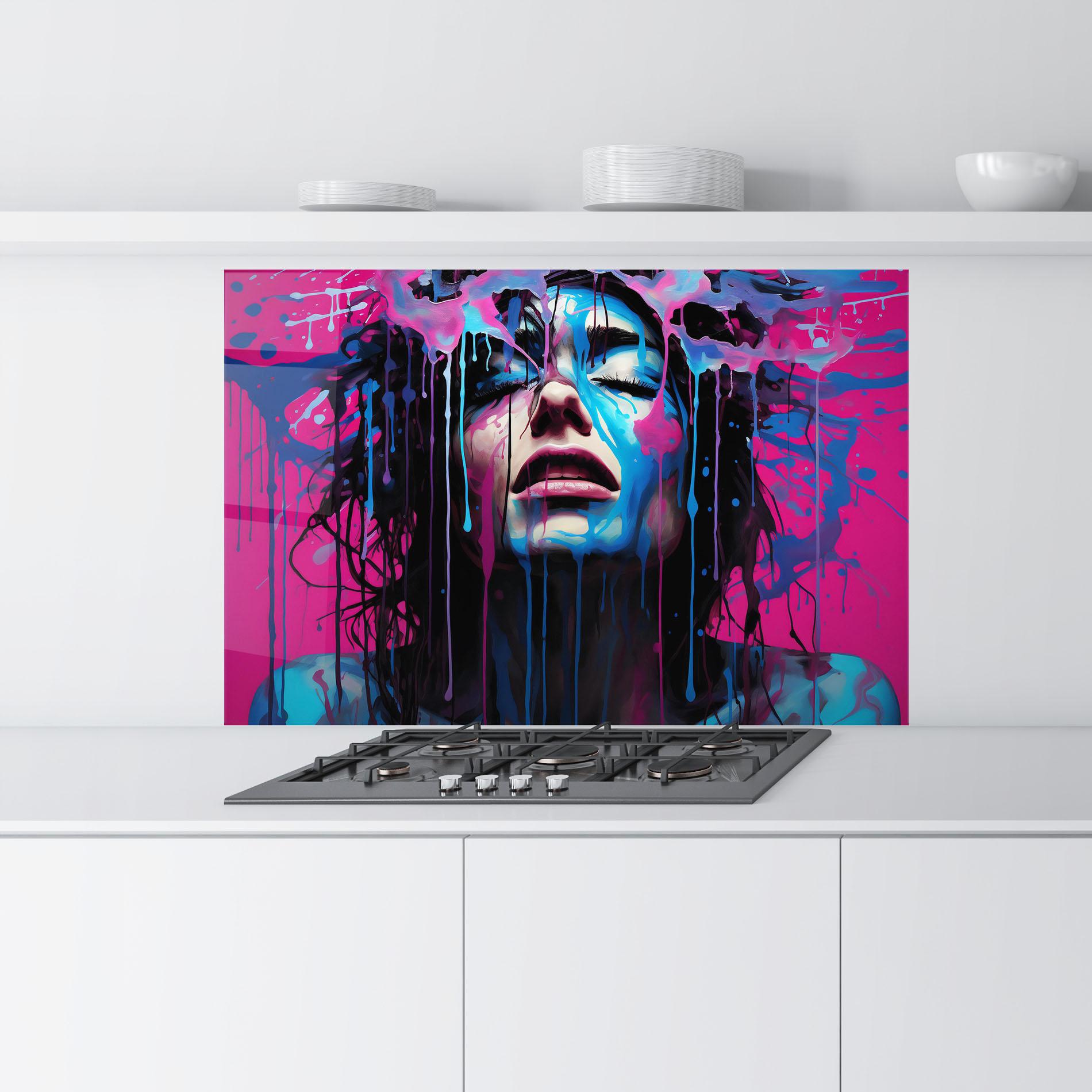 Konyhai üveg hátfal Blue Pink Woman mockup 9