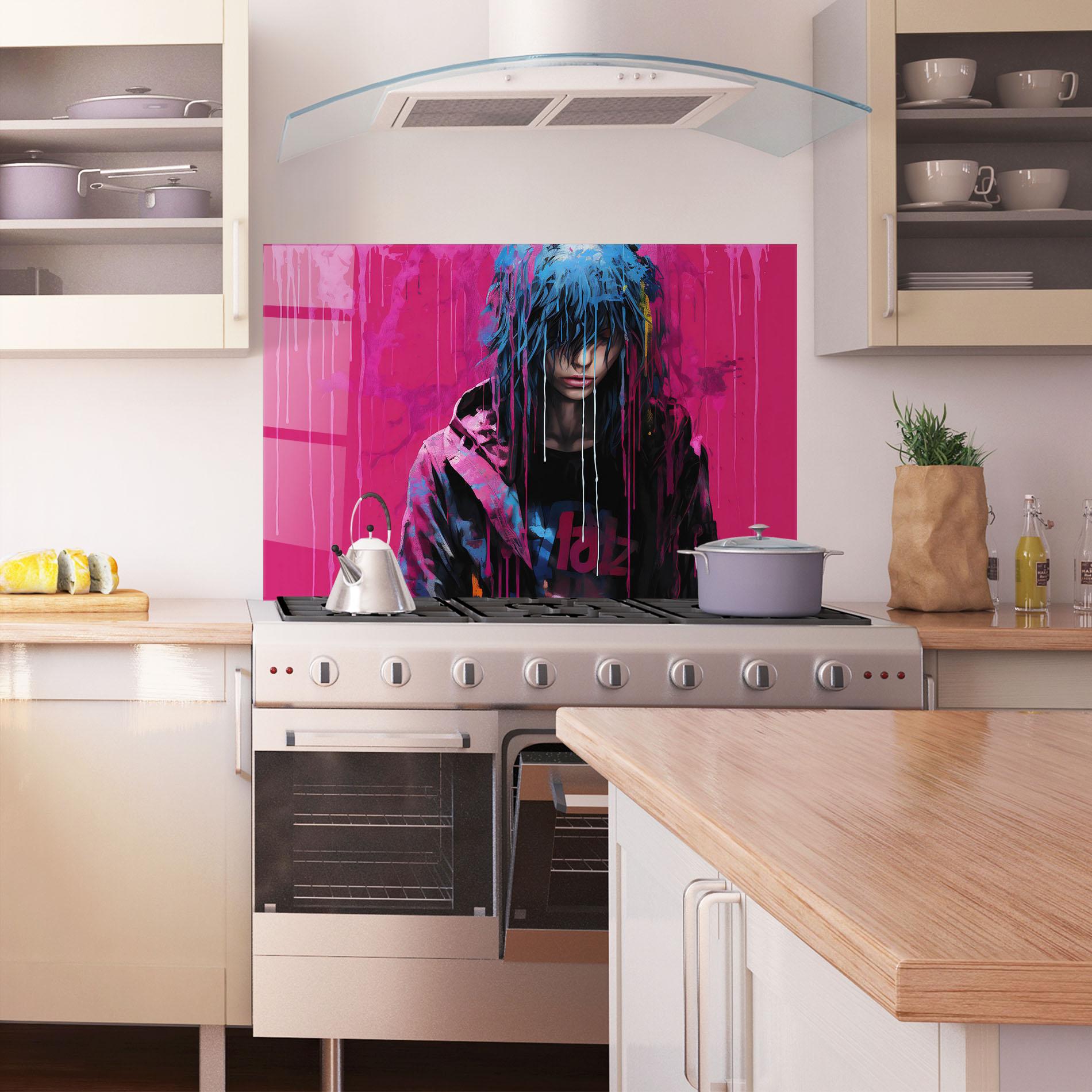 Konyhai üveg hátfal Blue Pink Falling Paint mockup 1