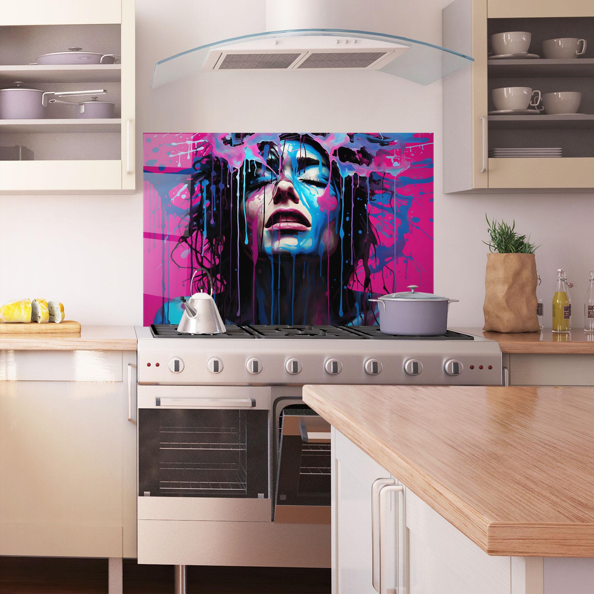 Konyhai üveg hátfal Blue Pink Woman mockup 1