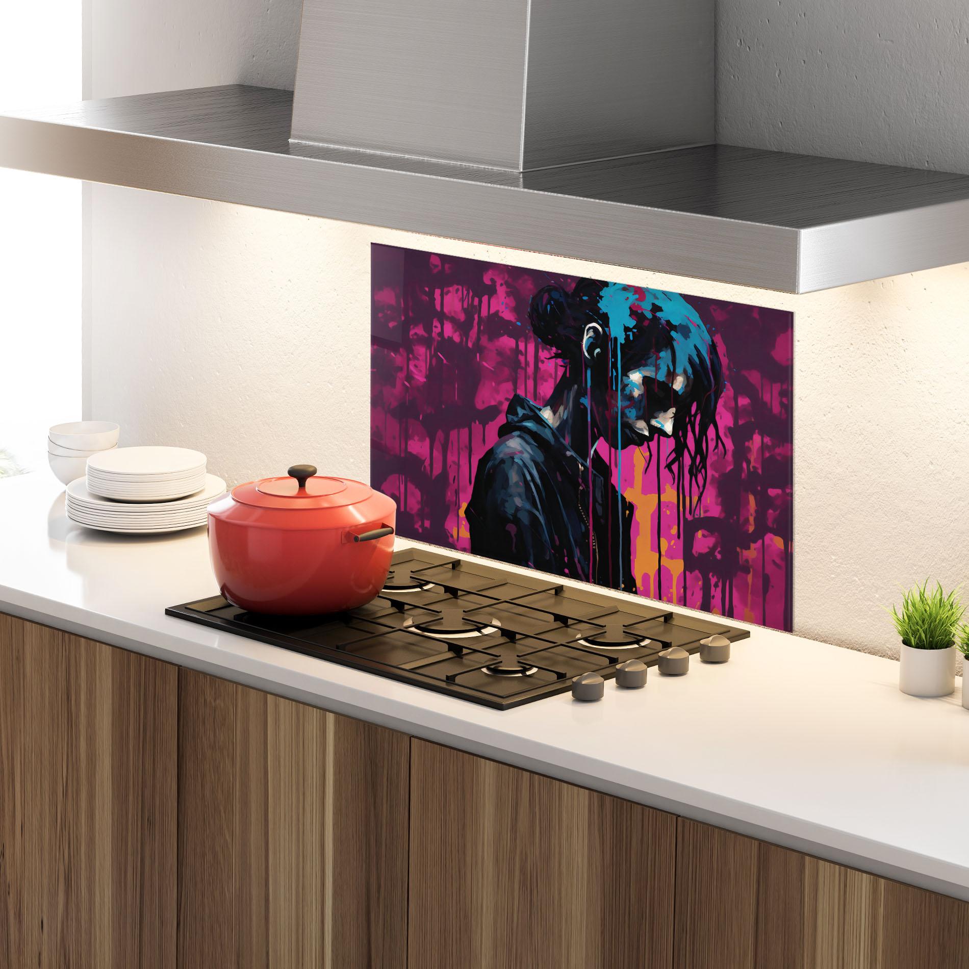 Konyhai üveg hátfal Blue Pink Paint Falling mockup 4