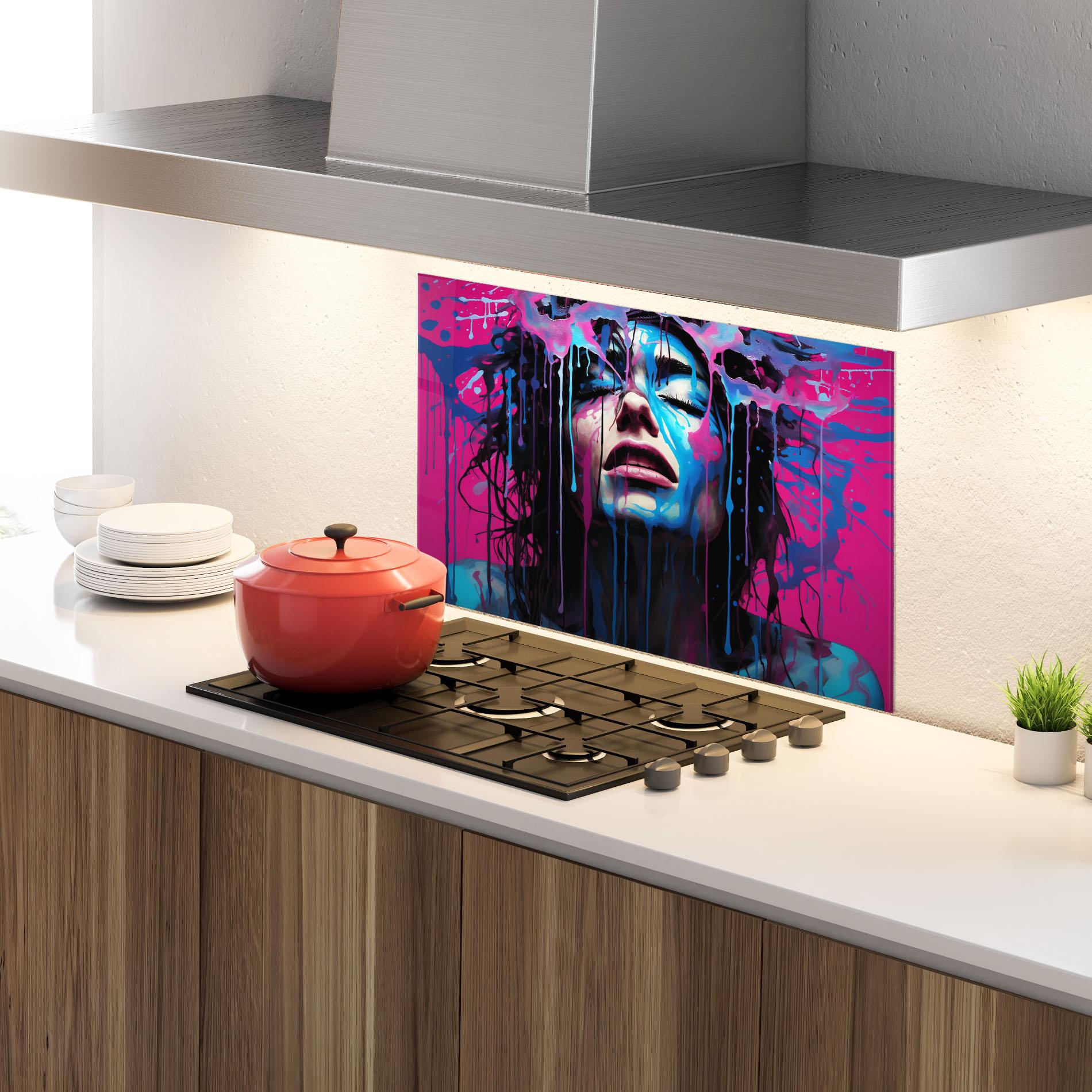 Konyhai üveg hátfal Blue Pink Woman mockup 4