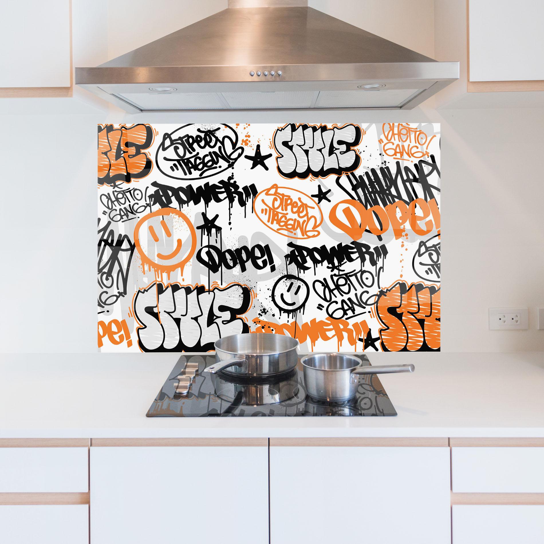 Konyhai üveg hátfal Black Orange Graffiti mockup 5