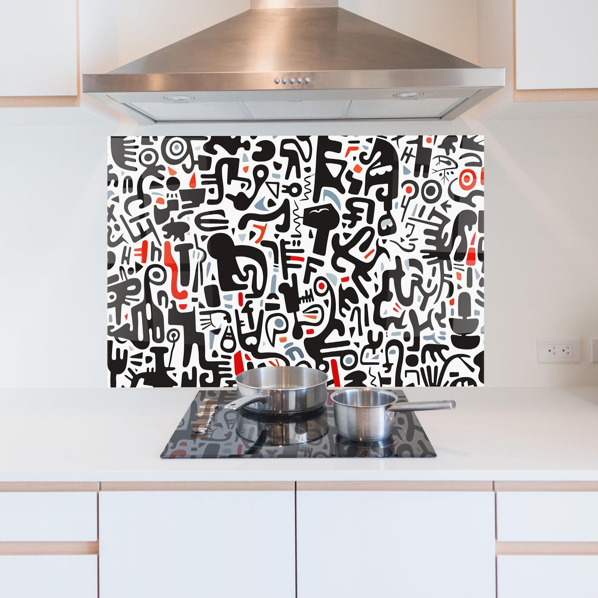Konyhai üveg hátfal Black Red Doodle mockup 5