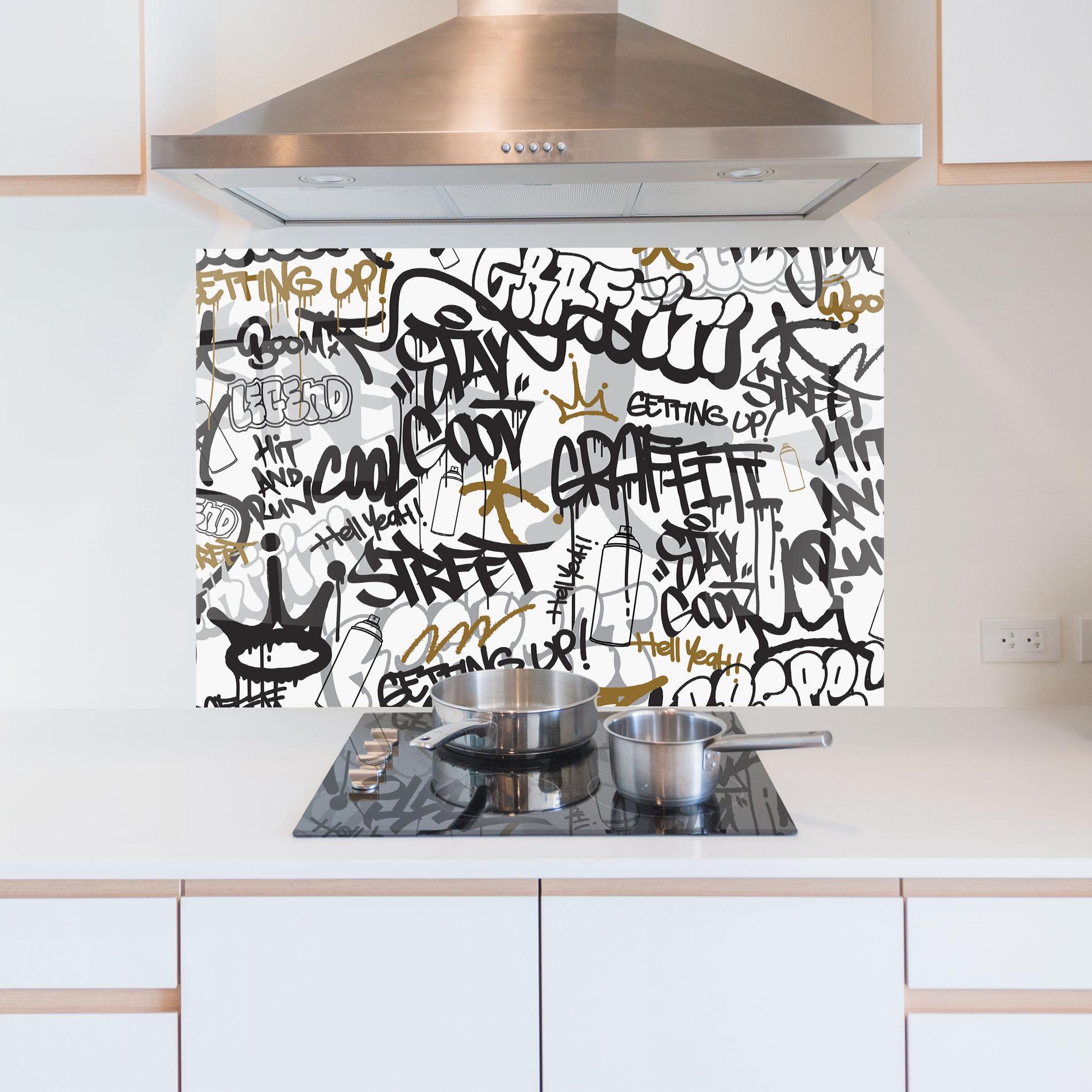 Konyhai üveg hátfal Black Yellow Graffiti mockup 5