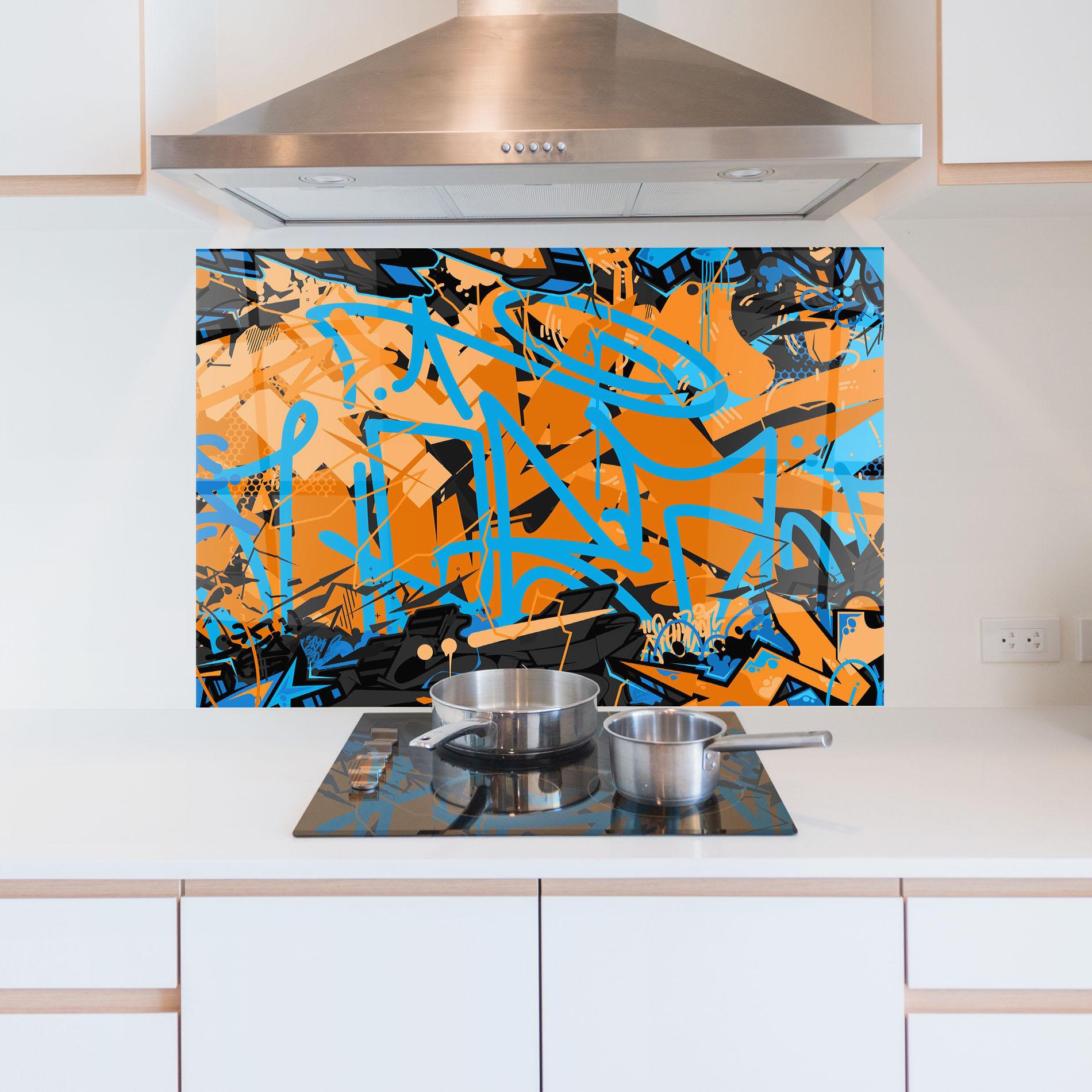 Konyhai üveg hátfal Blue Orange Graffiti mockup 5