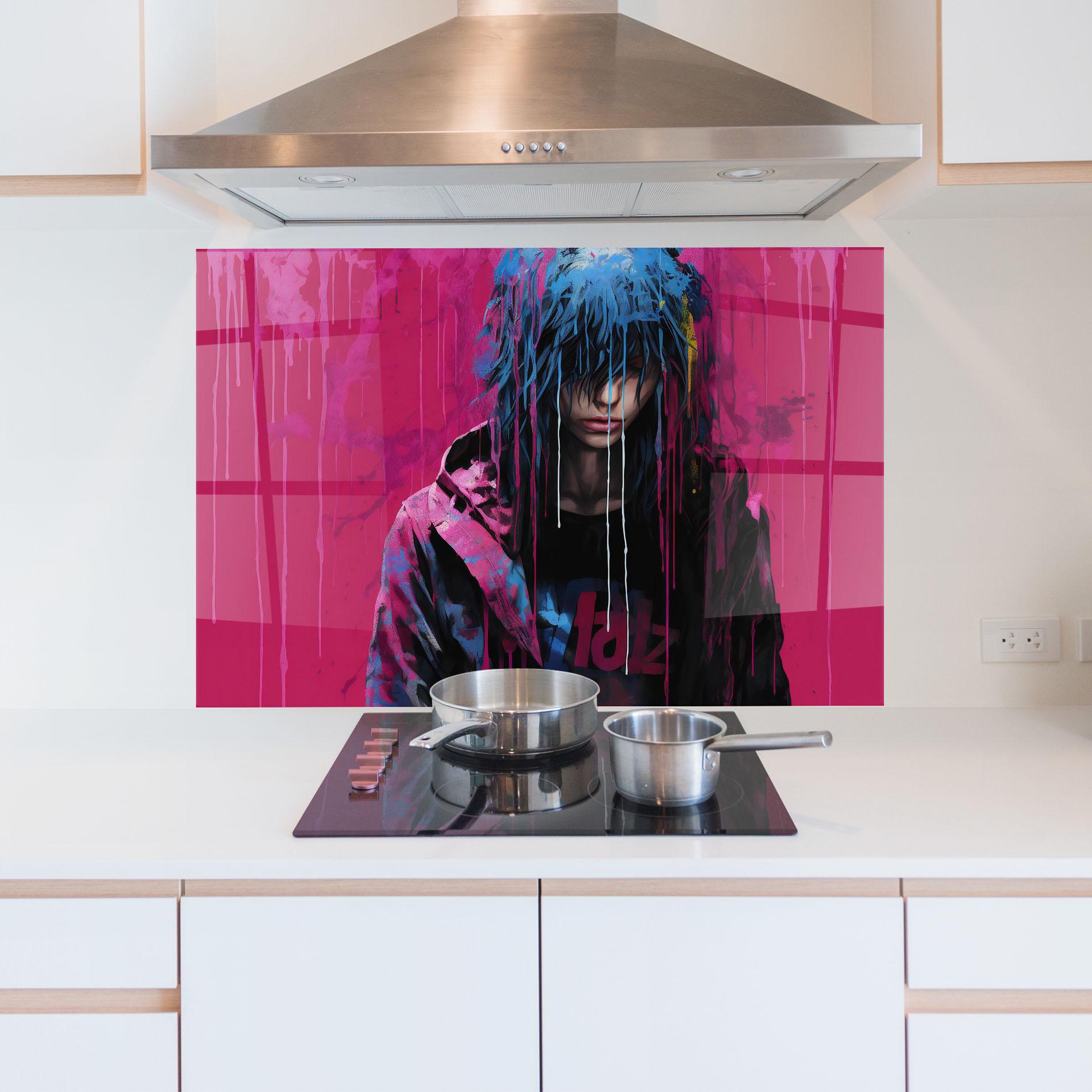 Konyhai üveg hátfal Blue Pink Falling Paint mockup 5