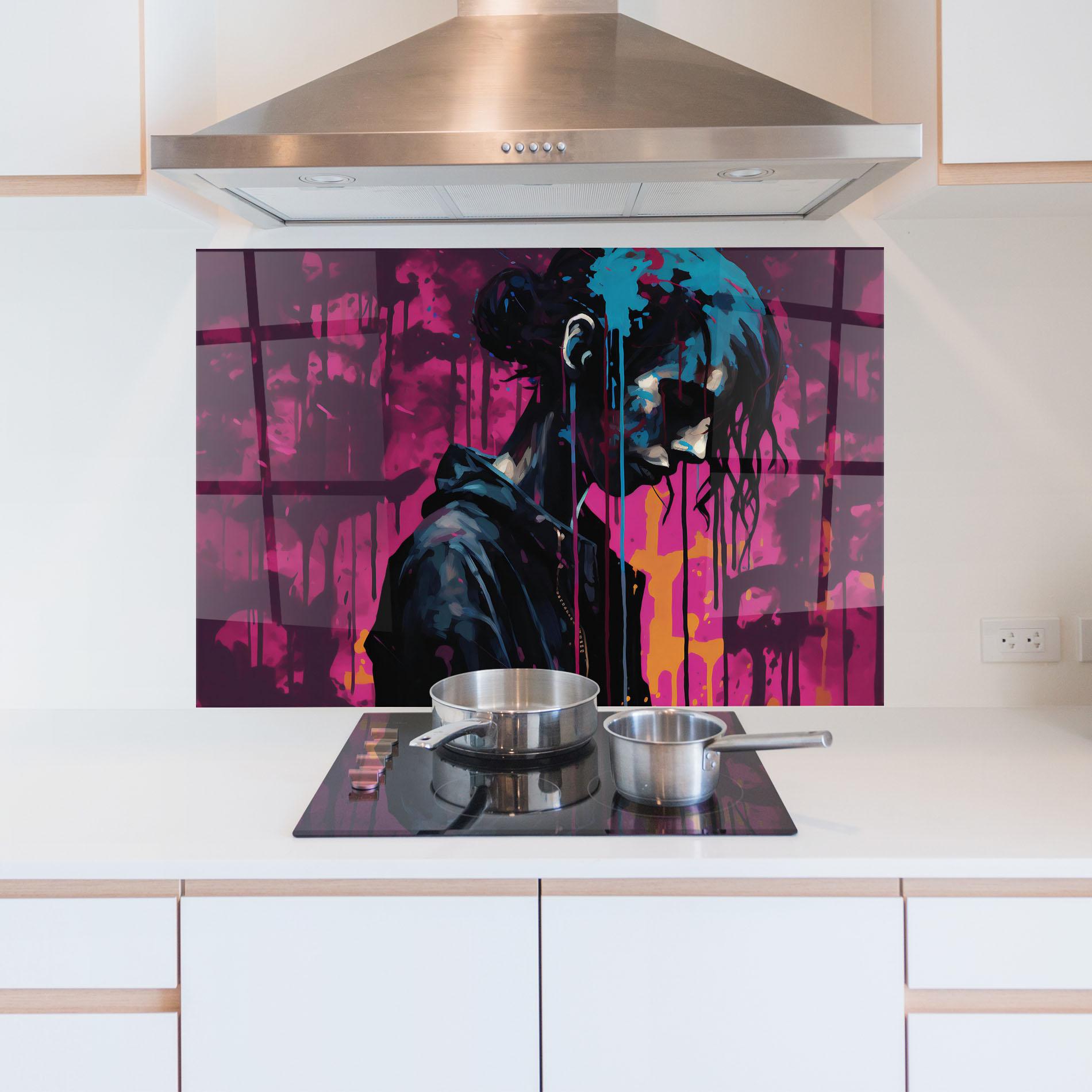 Konyhai üveg hátfal Blue Pink Paint Falling mockup 5