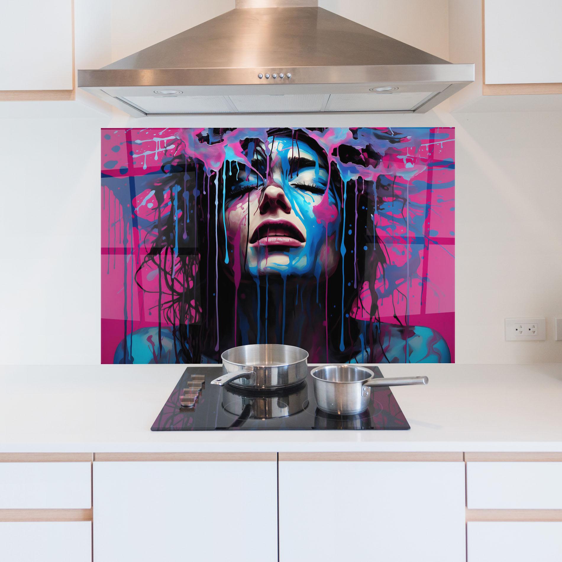 Konyhai üveg hátfal Blue Pink Woman mockup 5