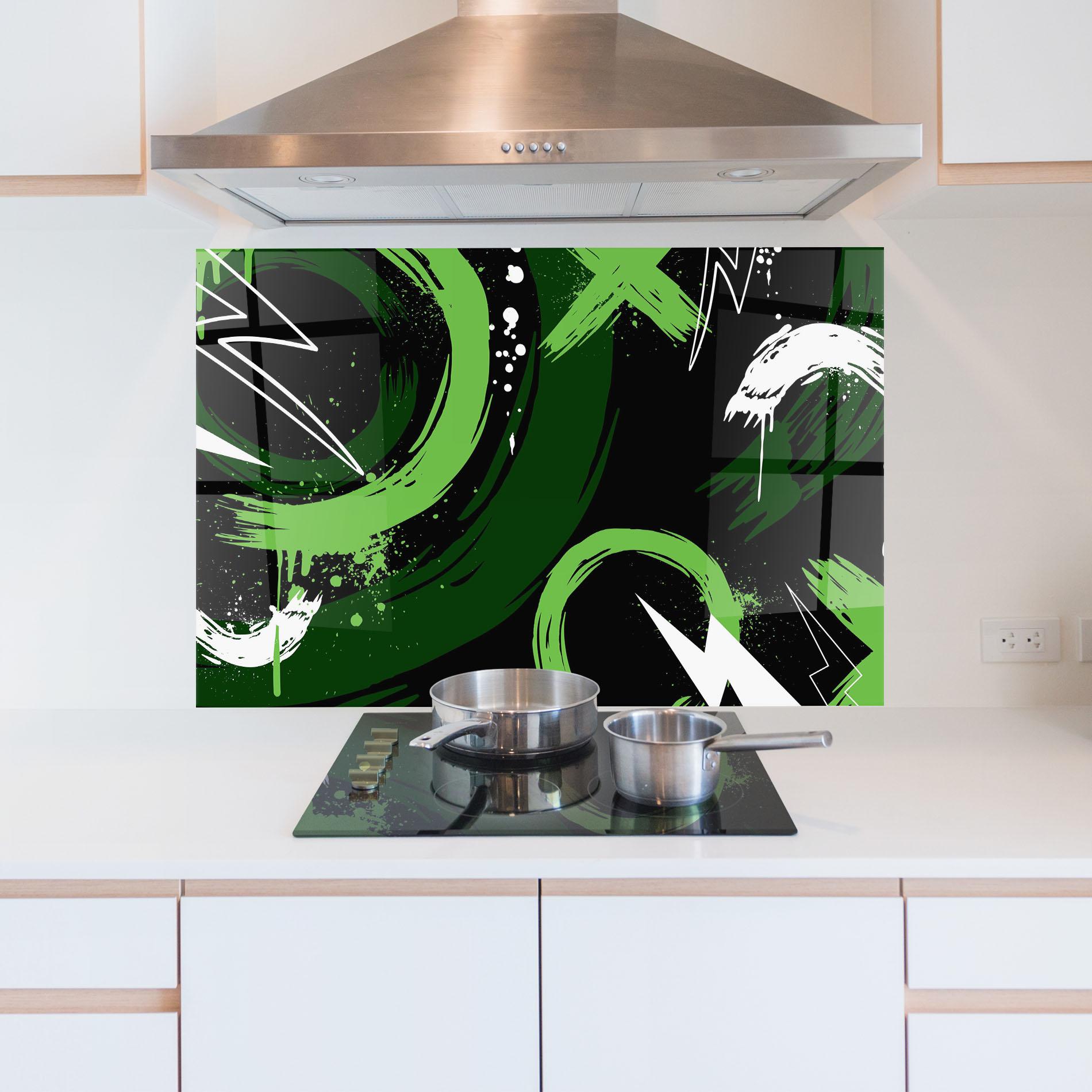 Konyhai üveg hátfal Green Shades Graffiti mockup 5