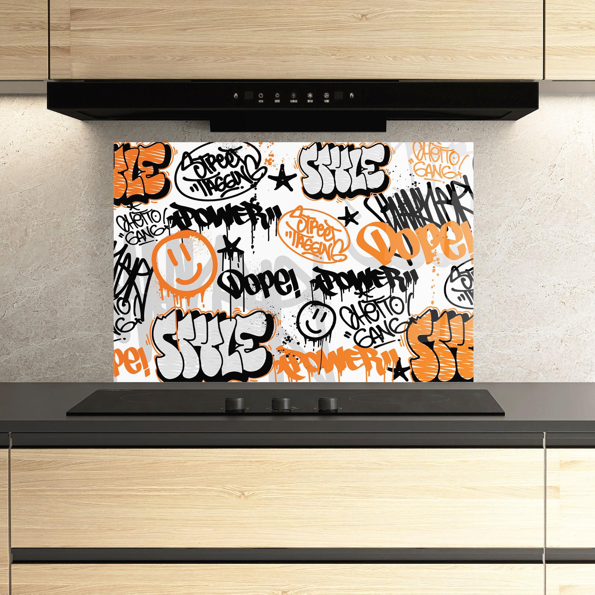 Konyhai üveg hátfal Black Orange Graffiti mockup 3