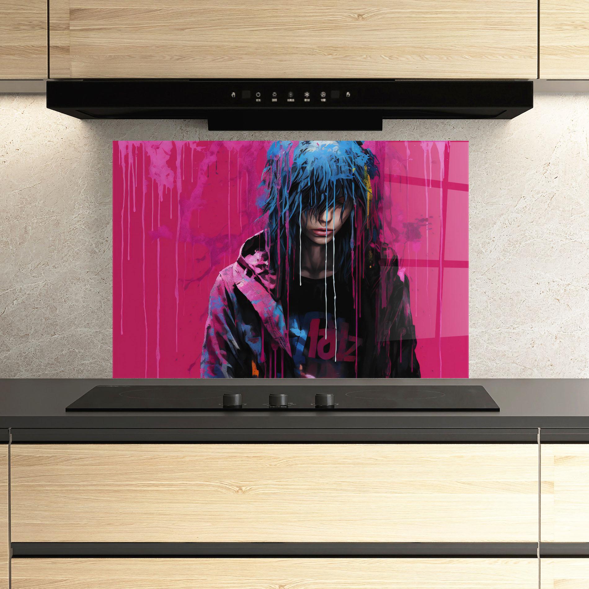 Konyhai üveg hátfal Blue Pink Falling Paint mockup 3