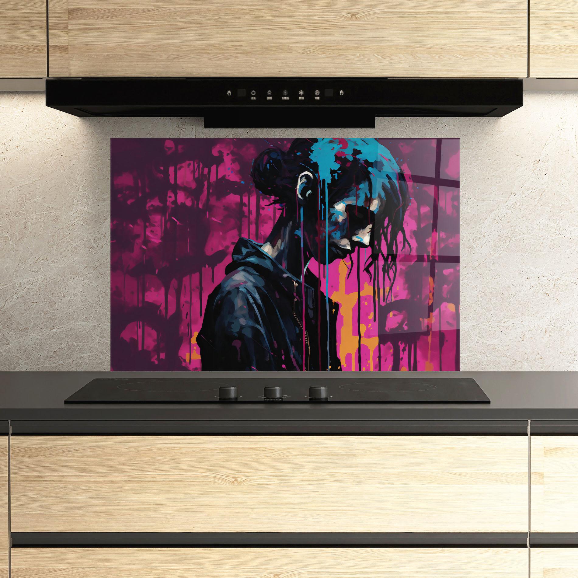 Konyhai üveg hátfal Blue Pink Paint Falling mockup 3