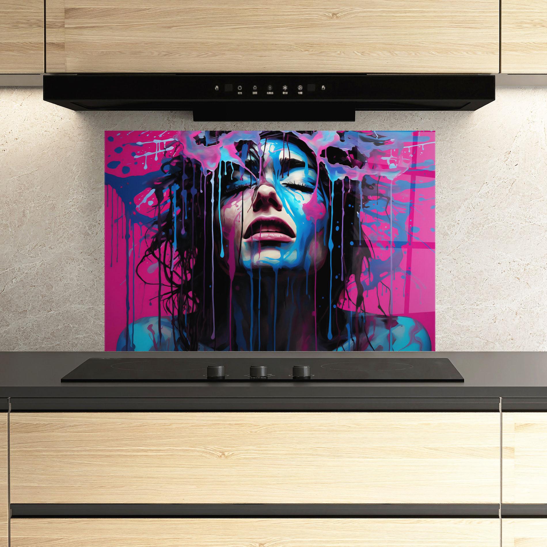 Konyhai üveg hátfal Blue Pink Woman mockup 3