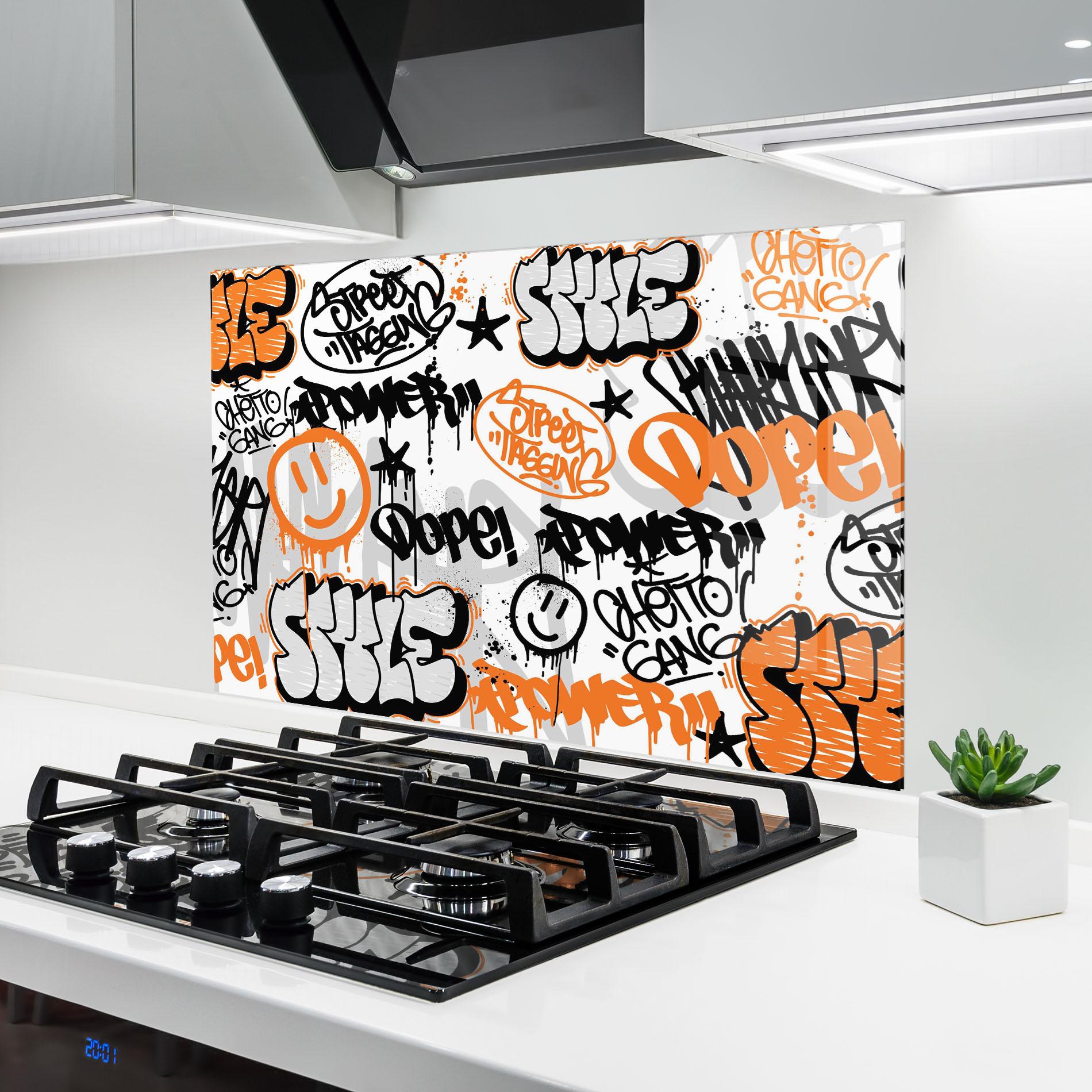 Konyhai üveg hátfal Black Orange Graffiti mockup 6