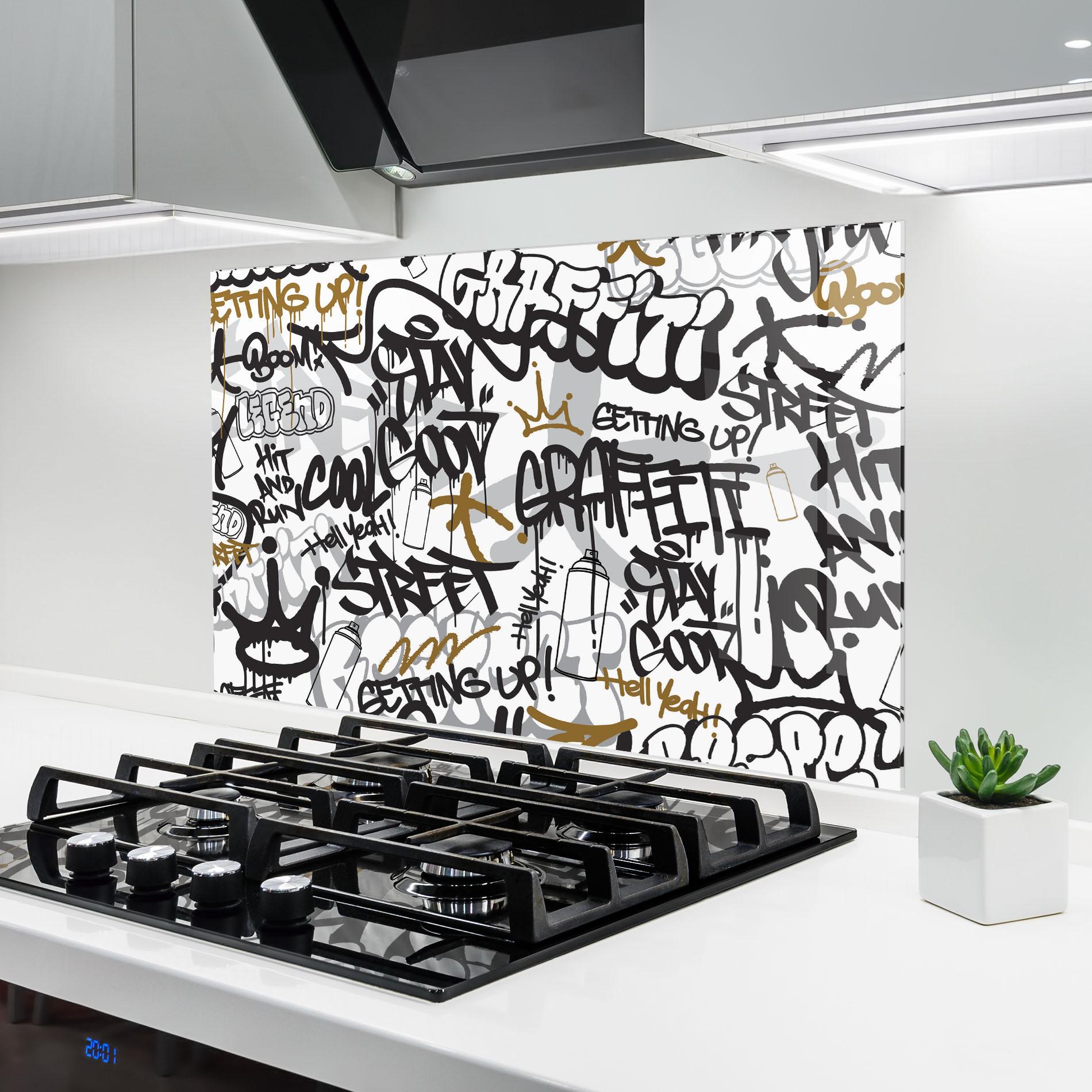 Konyhai üveg hátfal Black Yellow Graffiti mockup 6