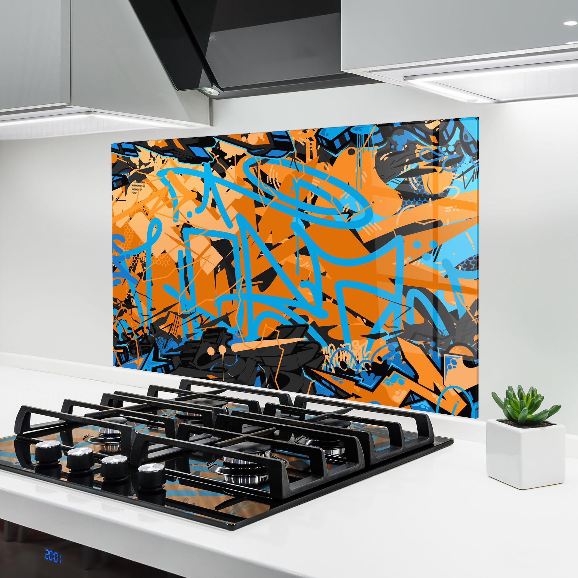 Konyhai üveg hátfal Blue Orange Graffiti mockup 6