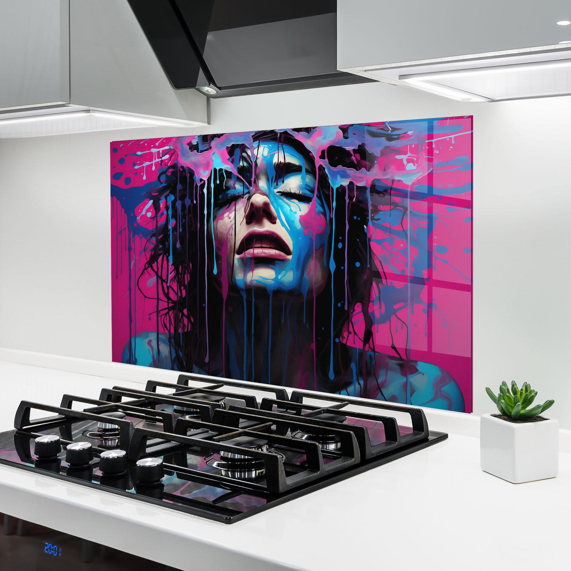 Konyhai üveg hátfal Blue Pink Woman mockup 6