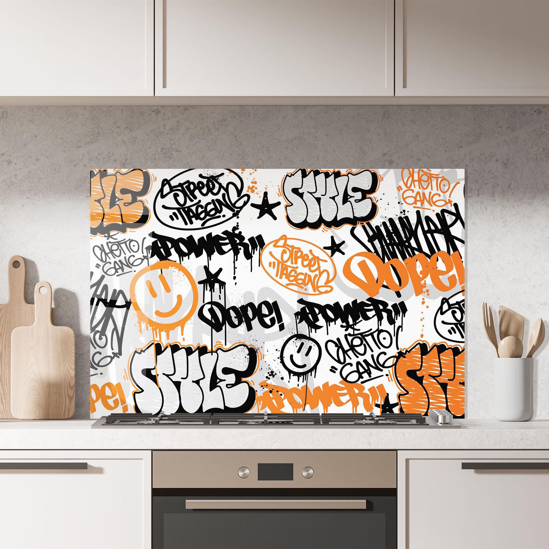 Konyhai üveg hátfal Black Orange Graffiti mockup 7