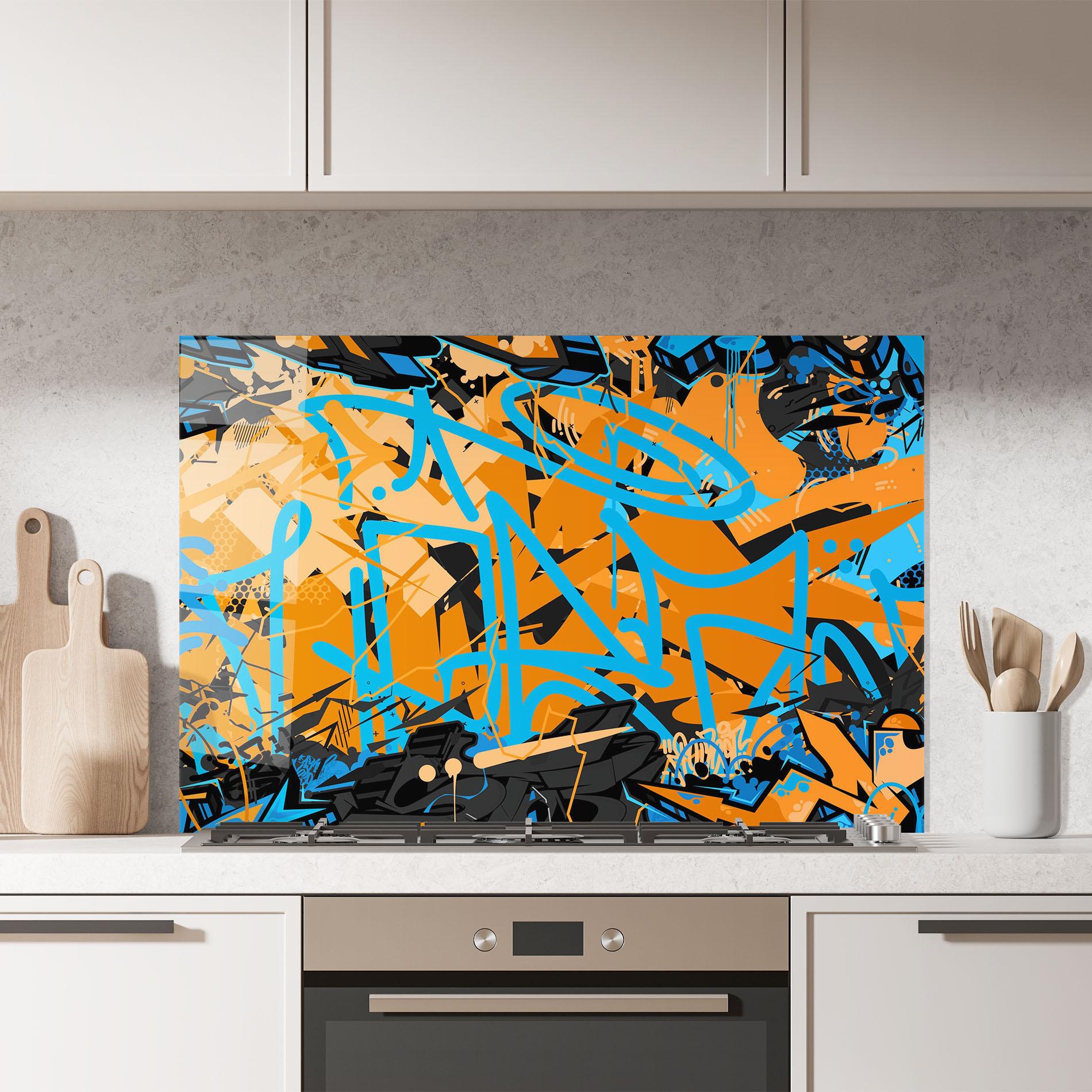 Konyhai üveg hátfal Blue Orange Graffiti mockup 7