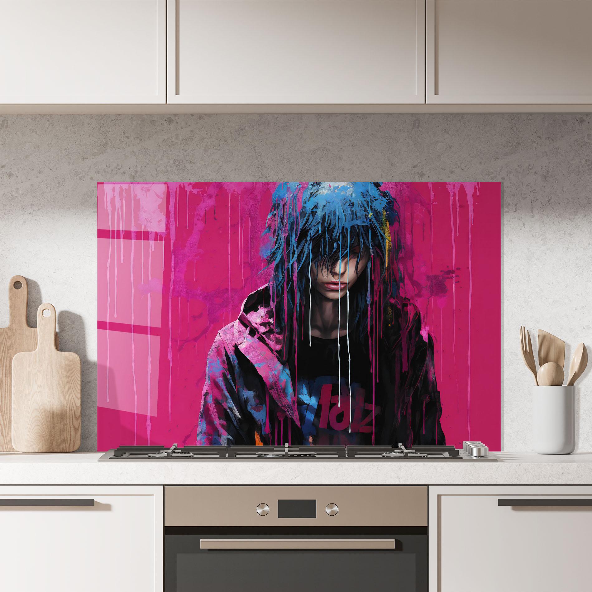 Konyhai üveg hátfal Blue Pink Falling Paint mockup 7