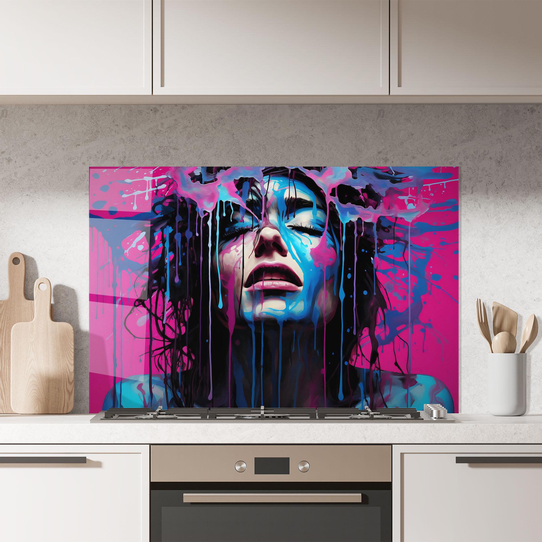 Konyhai üveg hátfal Blue Pink Woman mockup 7