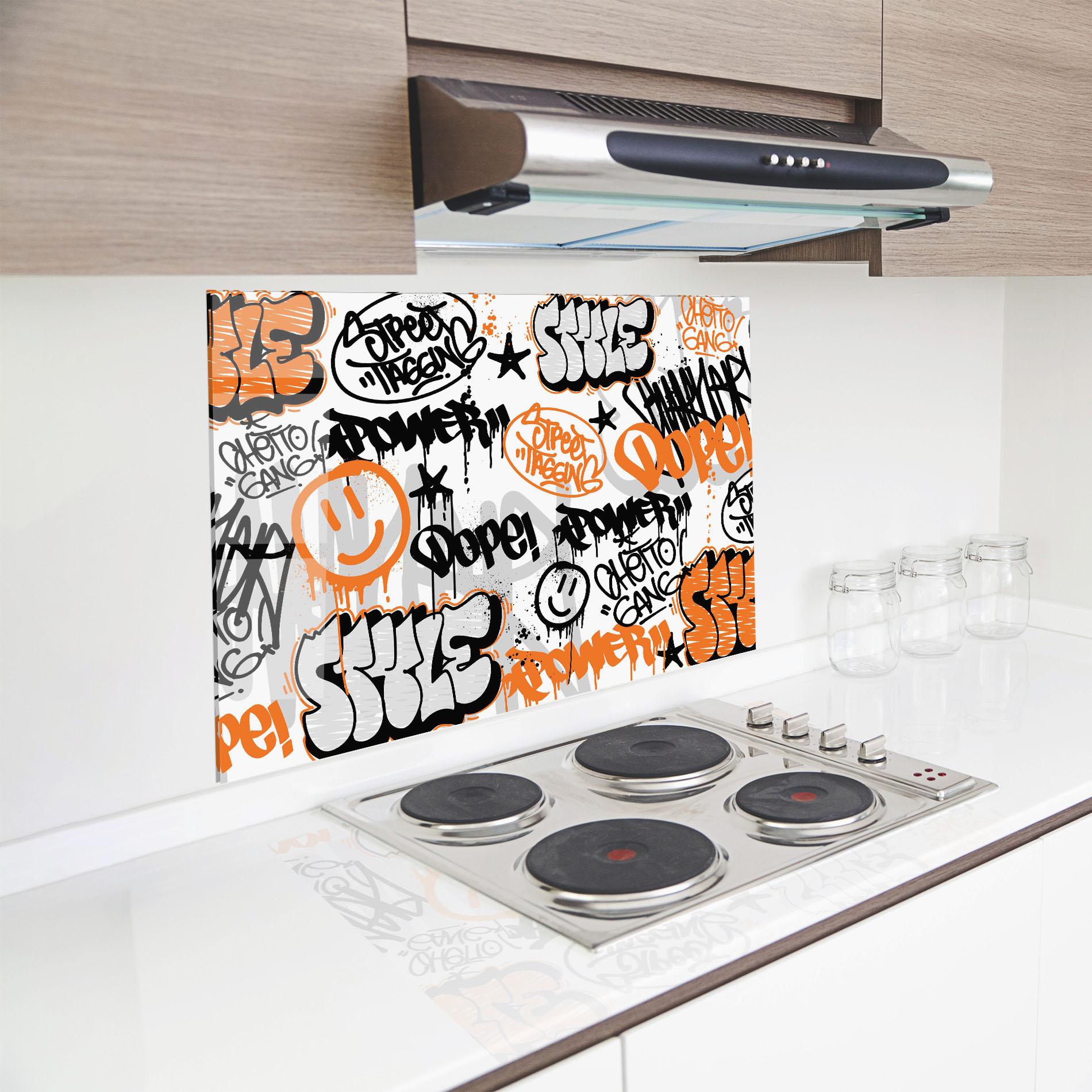 Konyhai üveg hátfal Black Orange Graffiti mockup 8