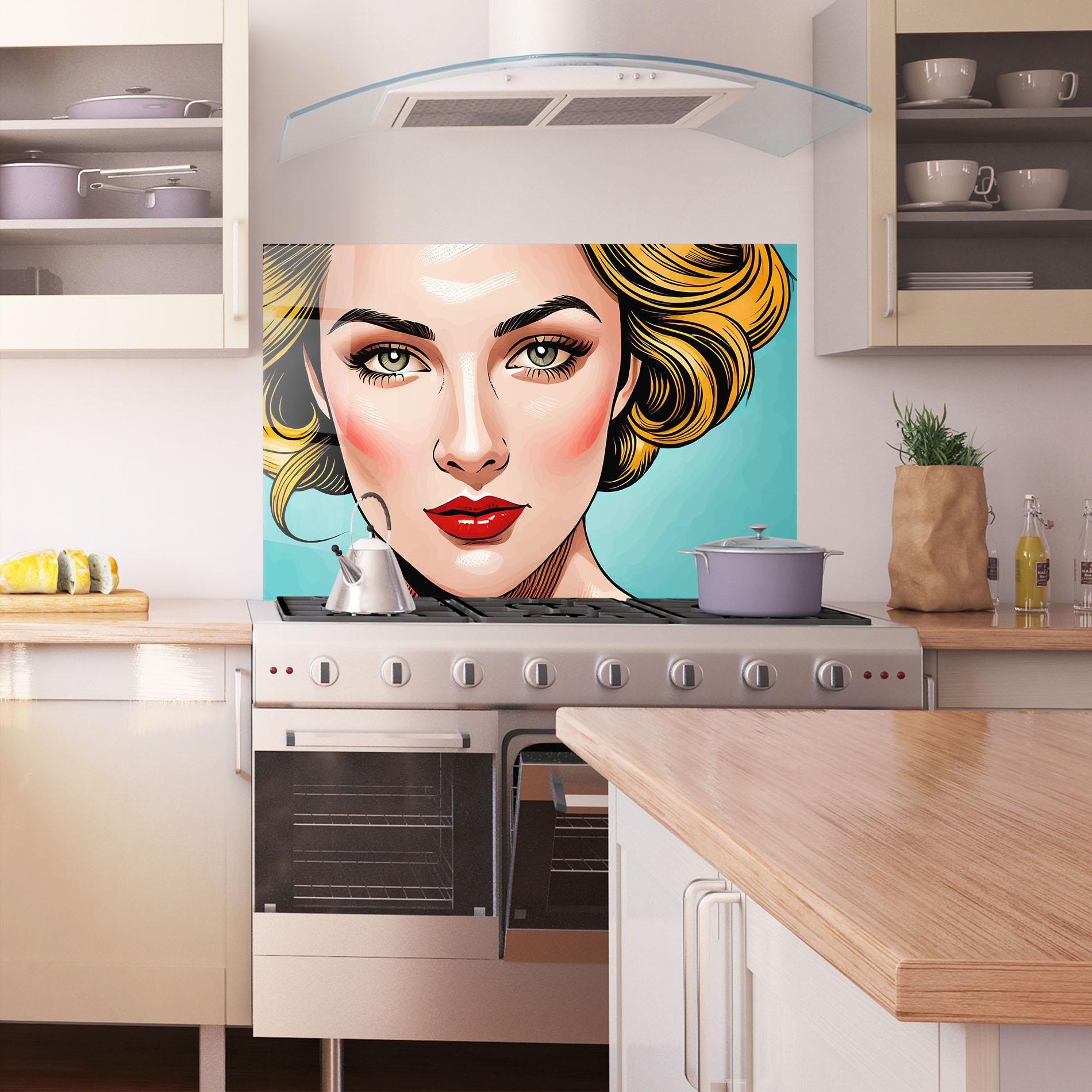 Konyhai üveg hátfal Pop Blonde Lady mockup 1