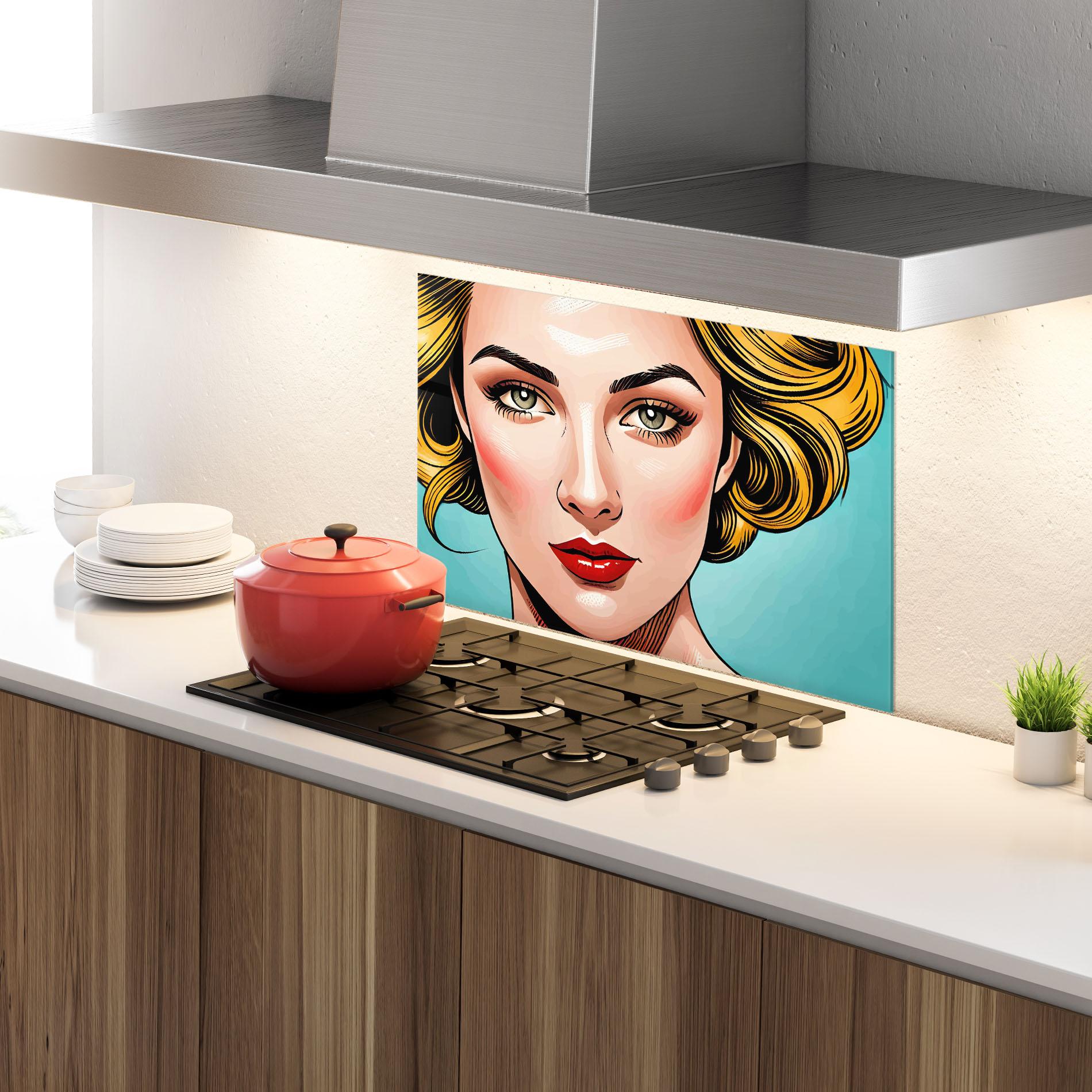 Konyhai üveg hátfal Pop Blonde Lady mockup 4