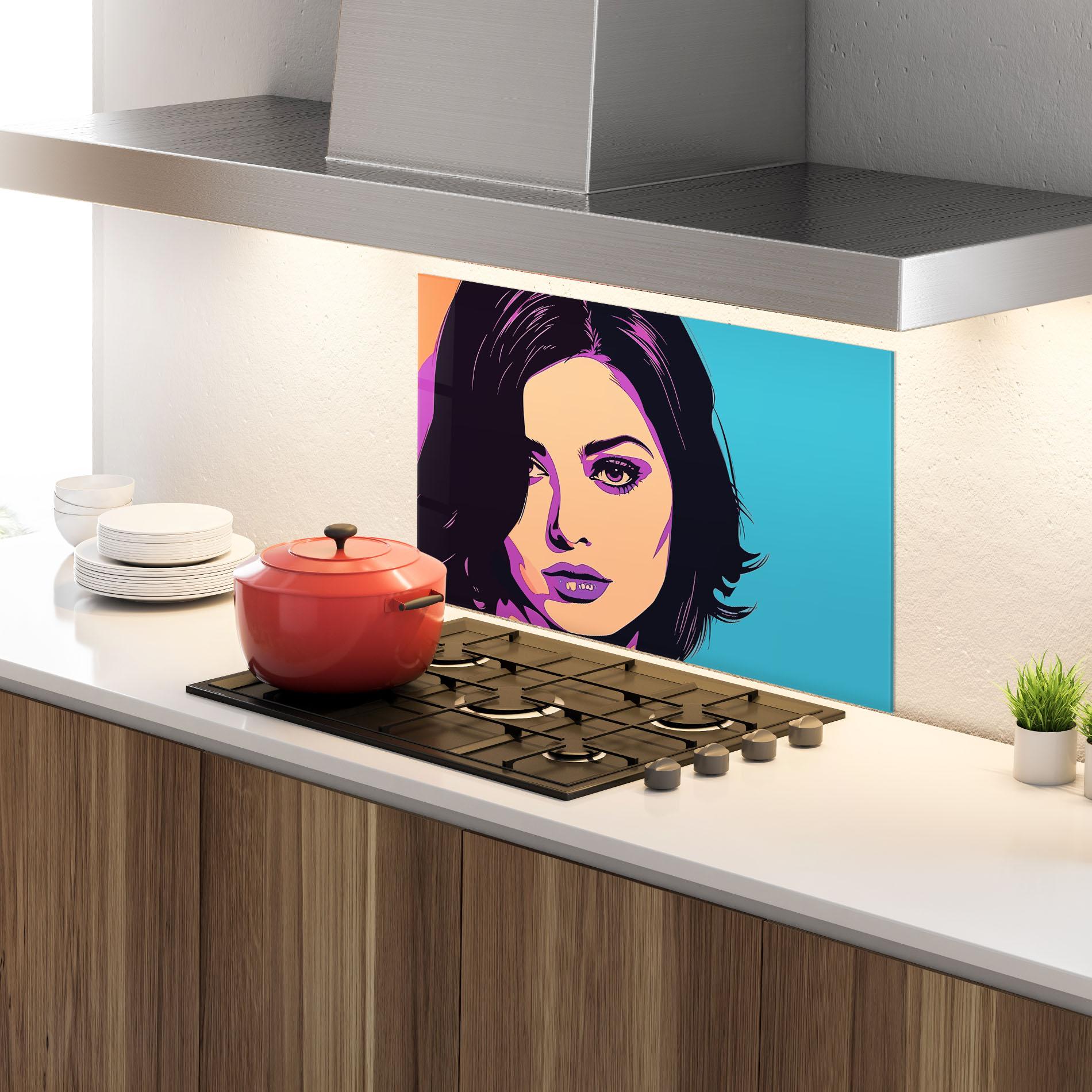 Konyhai üveg hátfal Pop Purple Woman mockup 4