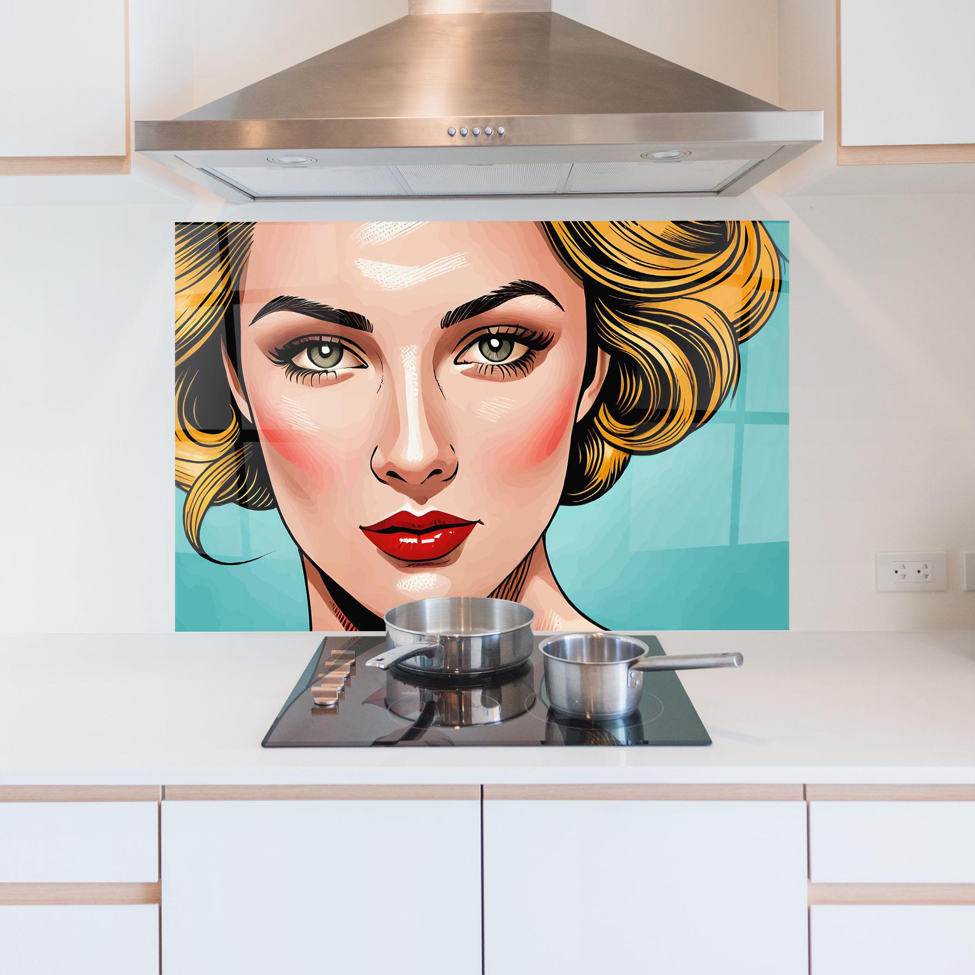 Konyhai üveg hátfal Pop Blonde Lady mockup 5