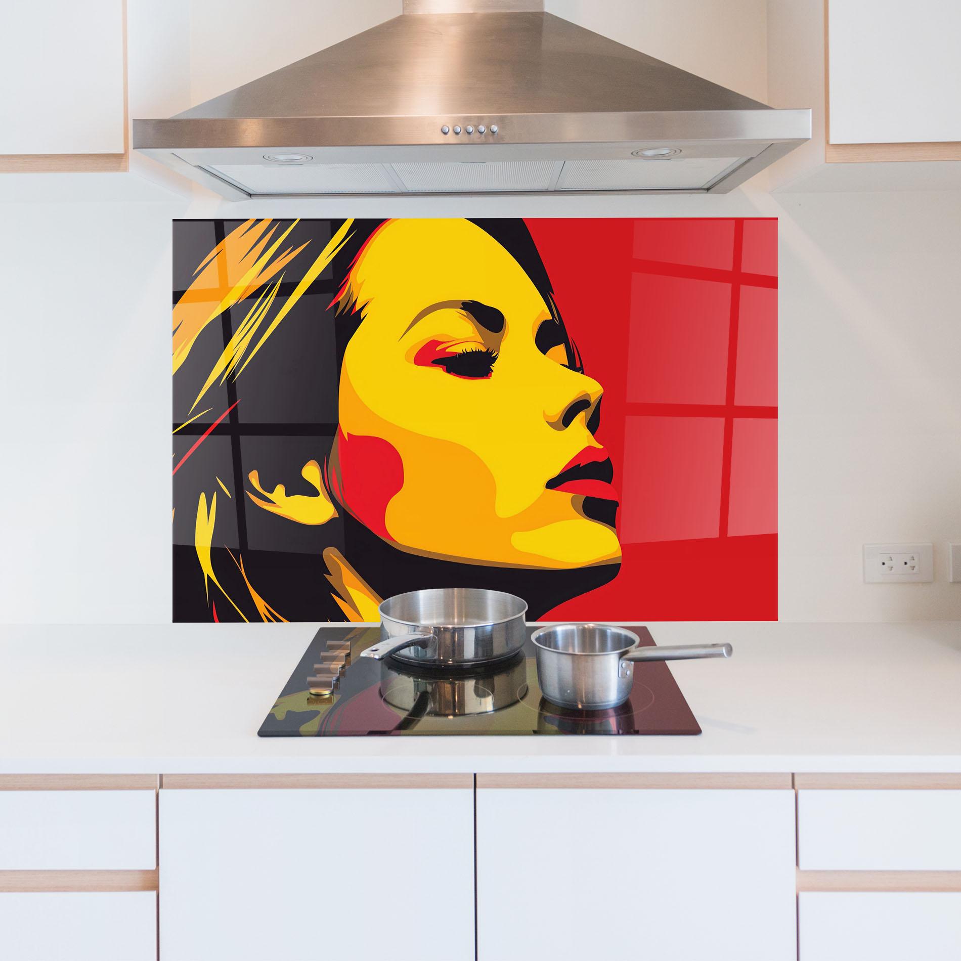 Konyhai üveg hátfal Pop Red Yellow Girl mockup 5