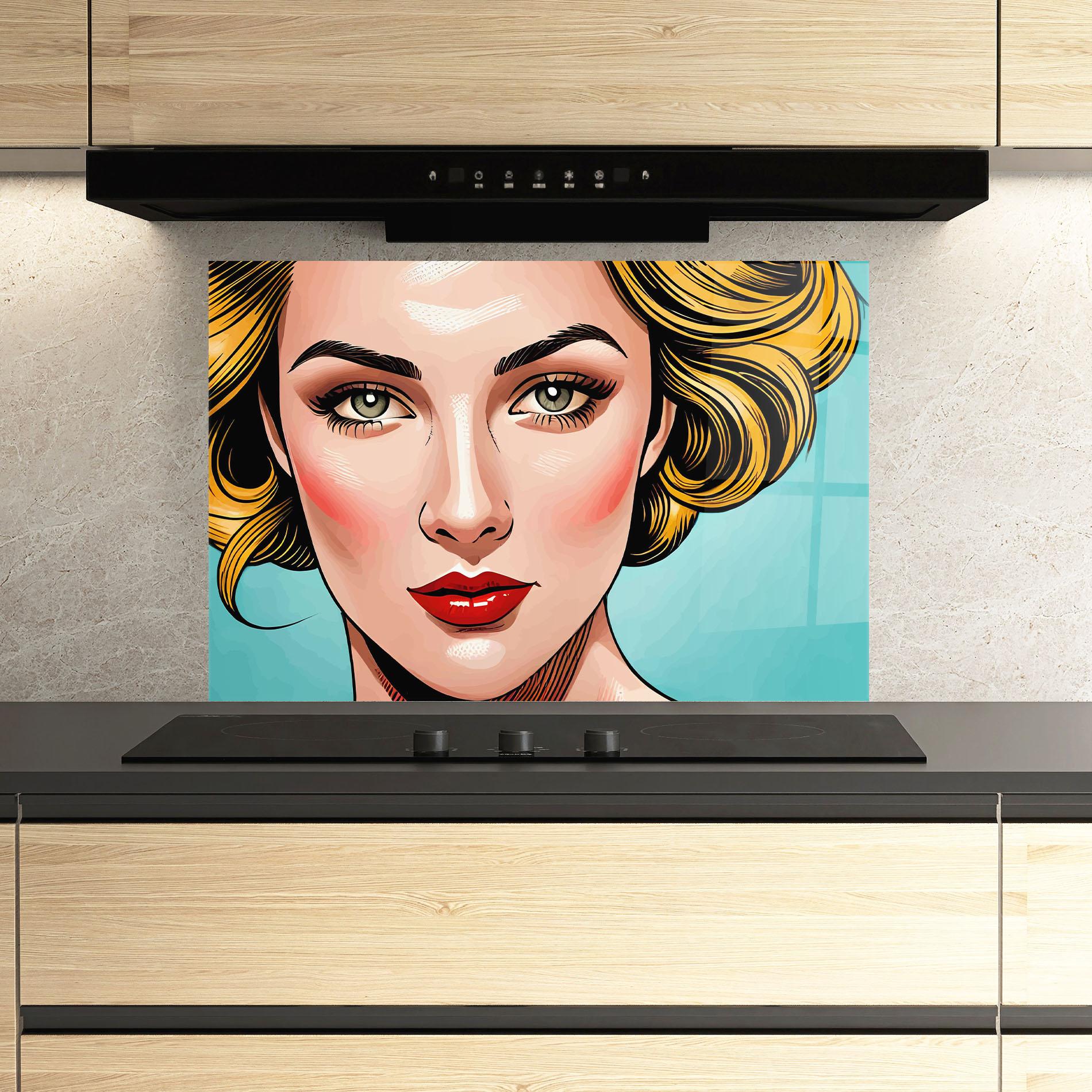 Konyhai üveg hátfal Pop Blonde Lady mockup 3