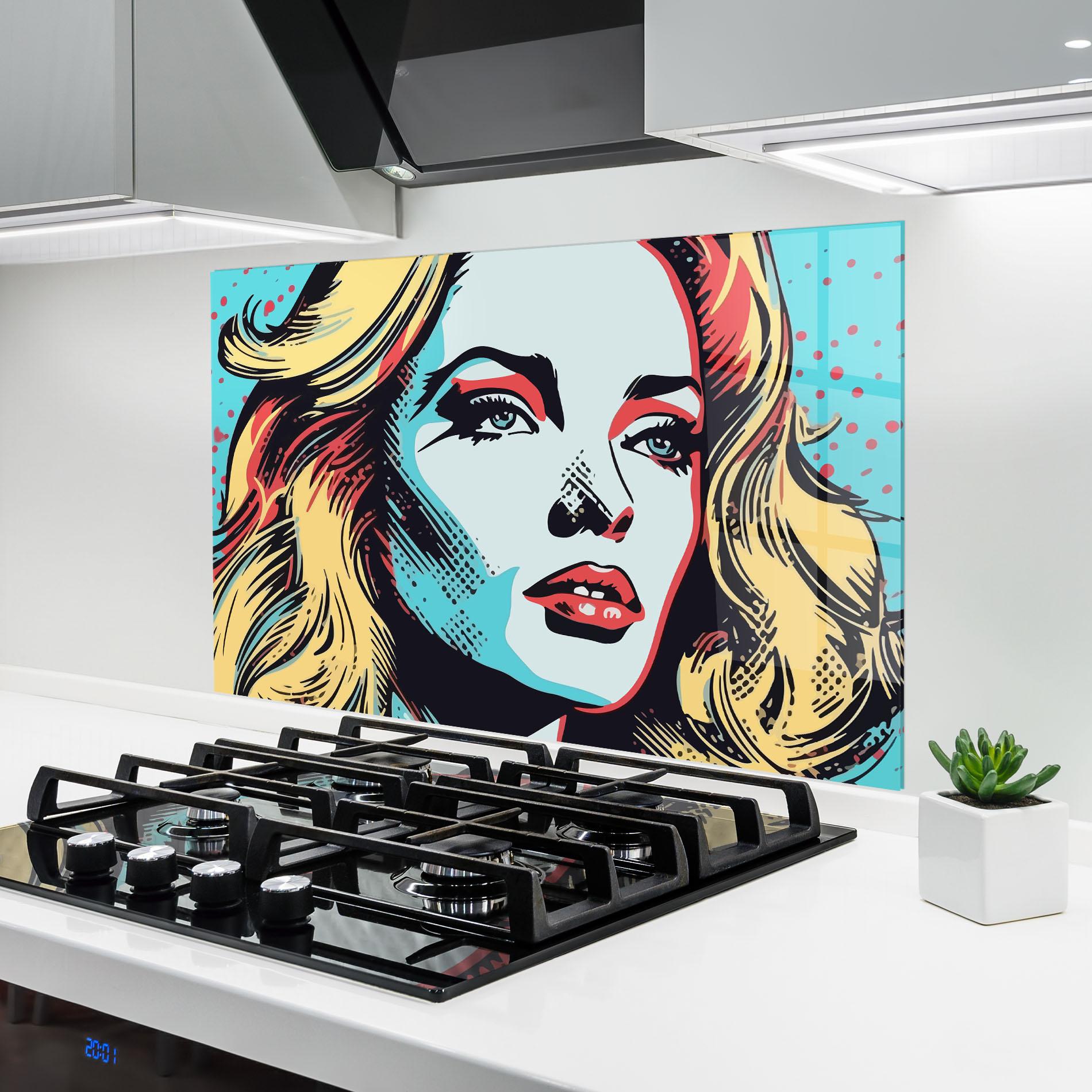 Konyhai üveg hátfal Pop Art Lady mockup 6