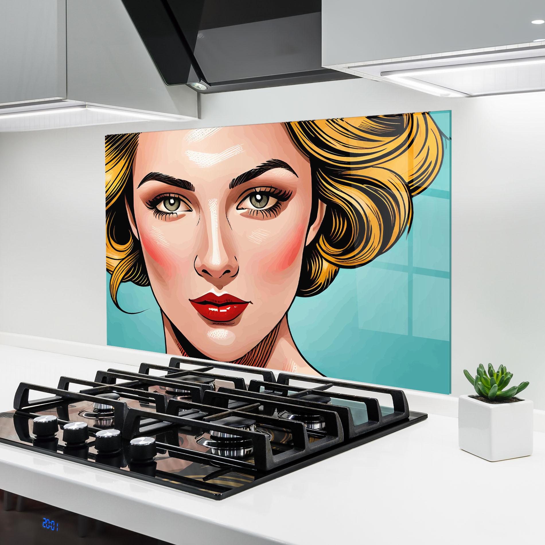 Konyhai üveg hátfal Pop Blonde Lady mockup 6