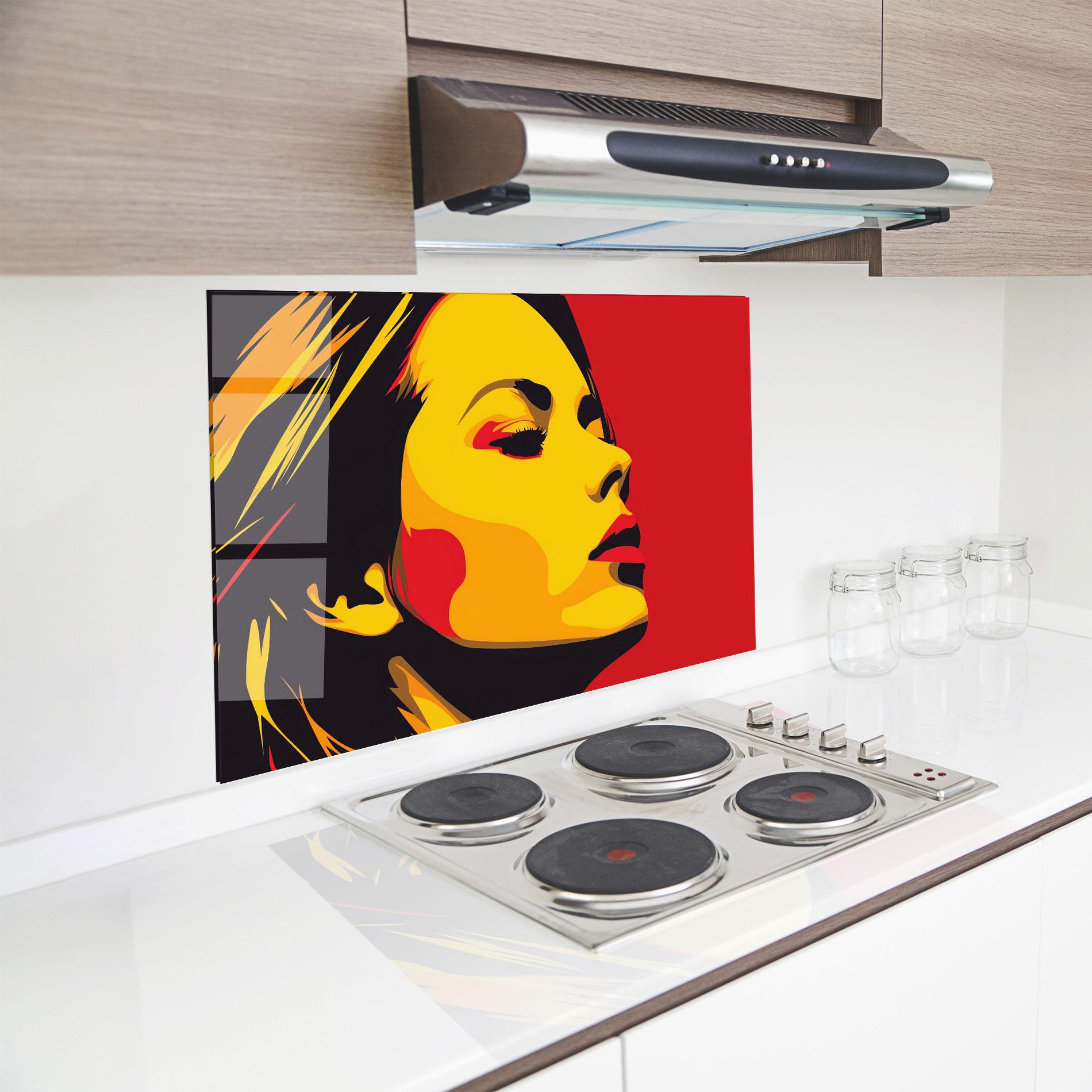 Konyhai üveg hátfal Pop Red Yellow Girl mockup 8
