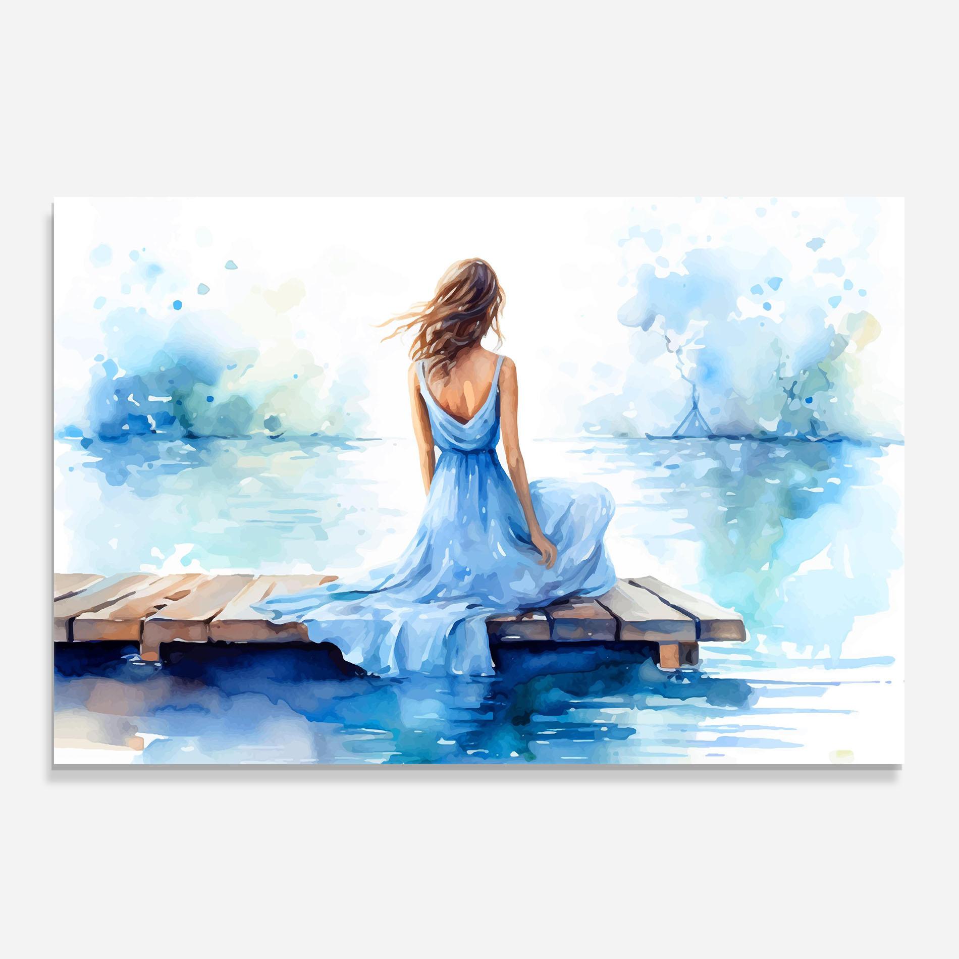 Konyhai üveg hátfal Lake Blue Woman mockup 0