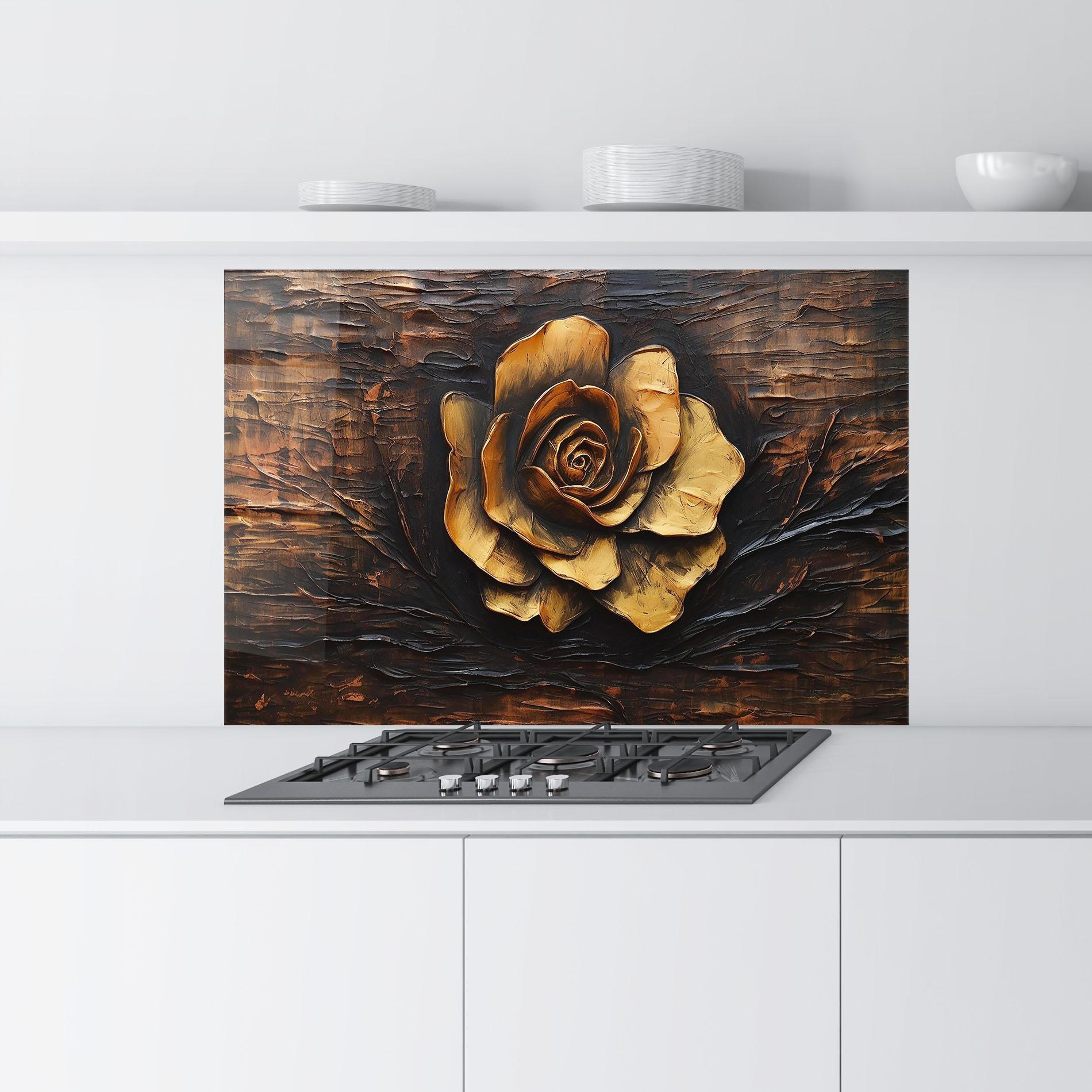 Konyhai üveg hátfal Gold Rose On Wood mockup 9