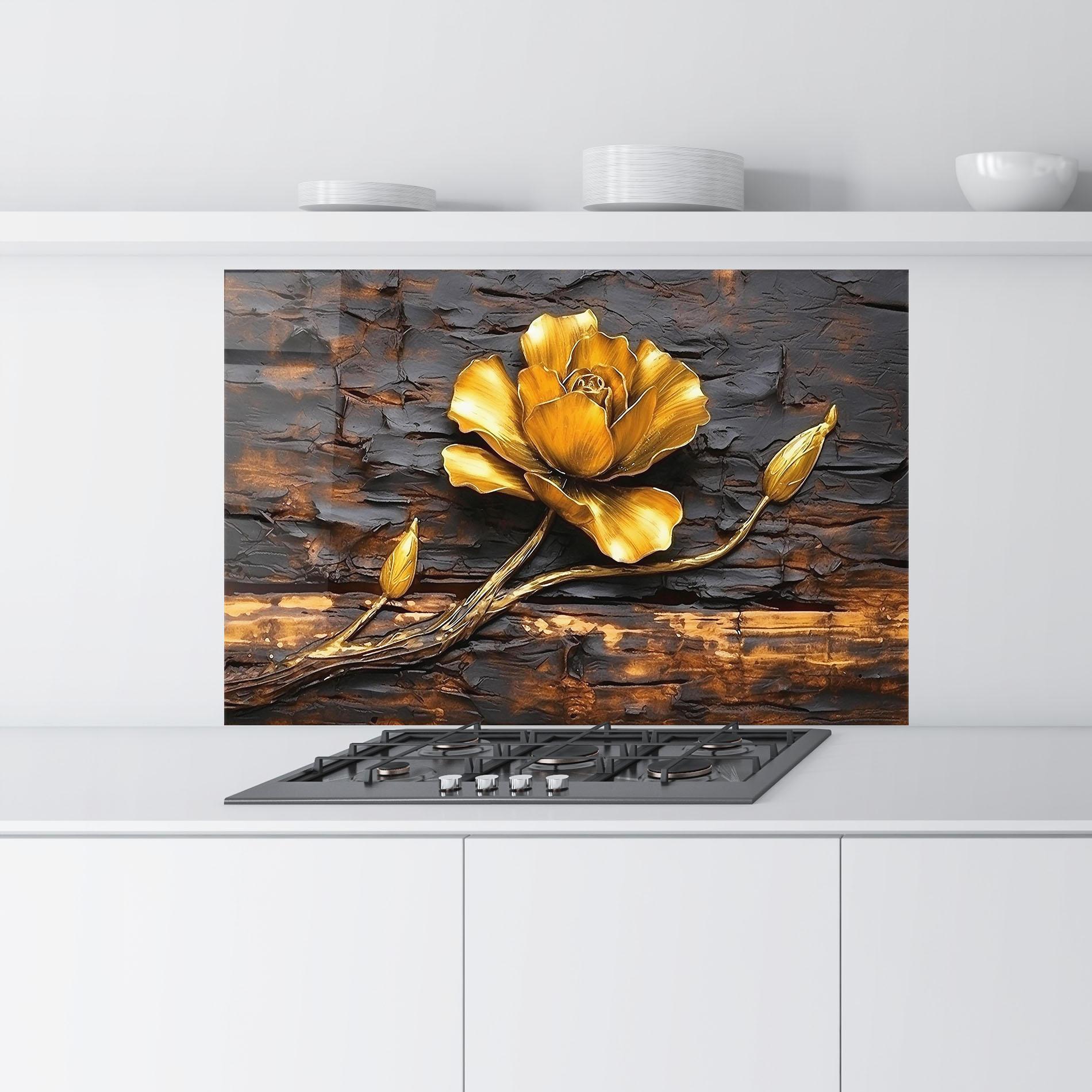 Konyhai üveg hátfal Golden Rose On Wood mockup 9