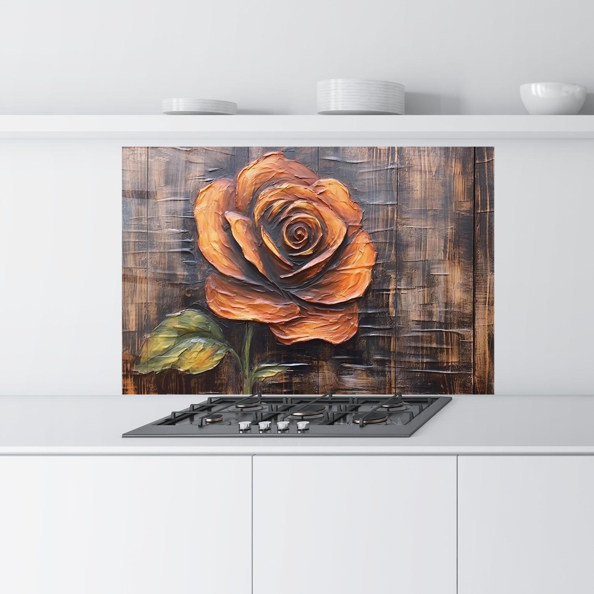 Konyhai üveg hátfal Orange Rose On Wood mockup 9
