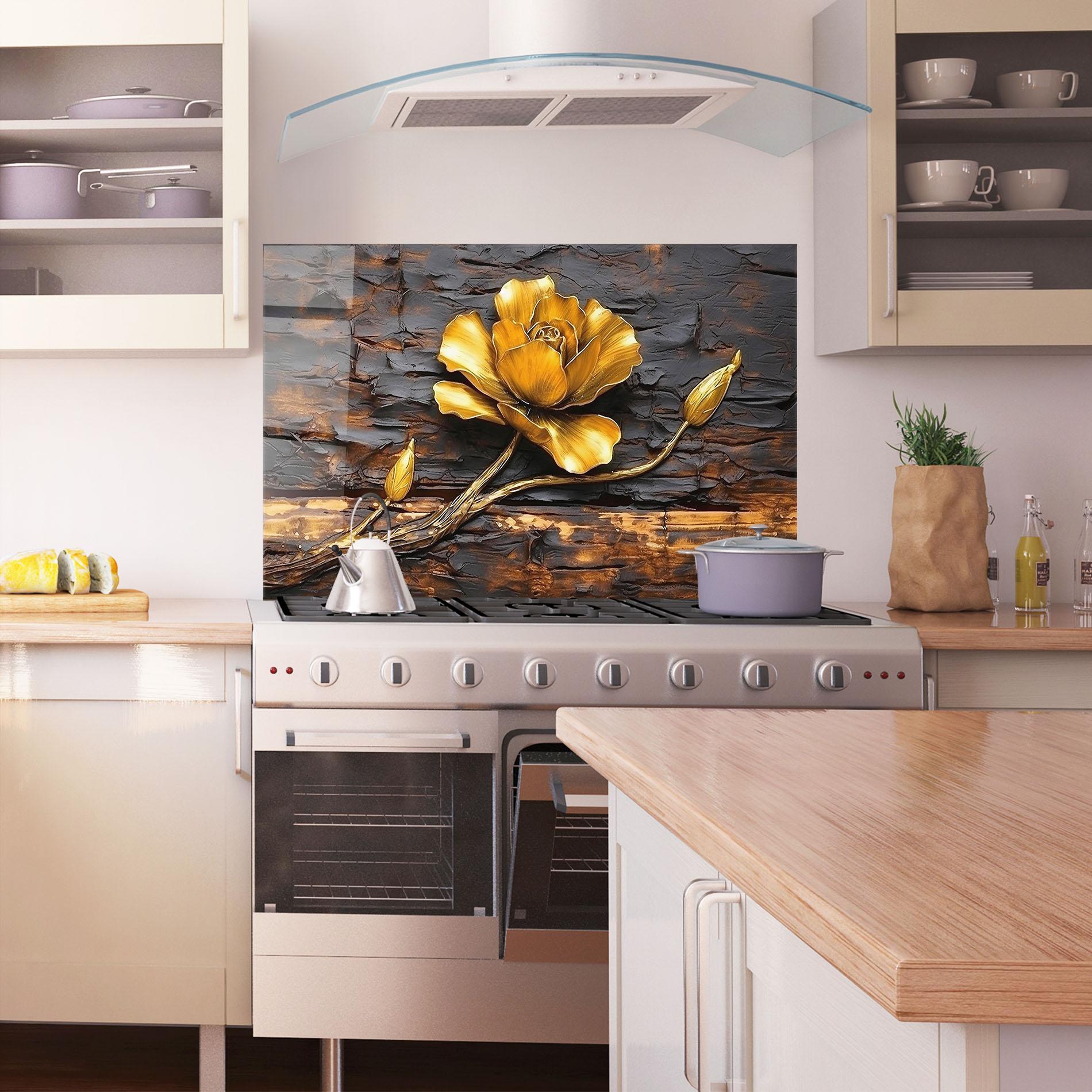 Konyhai üveg hátfal Golden Rose On Wood mockup 1