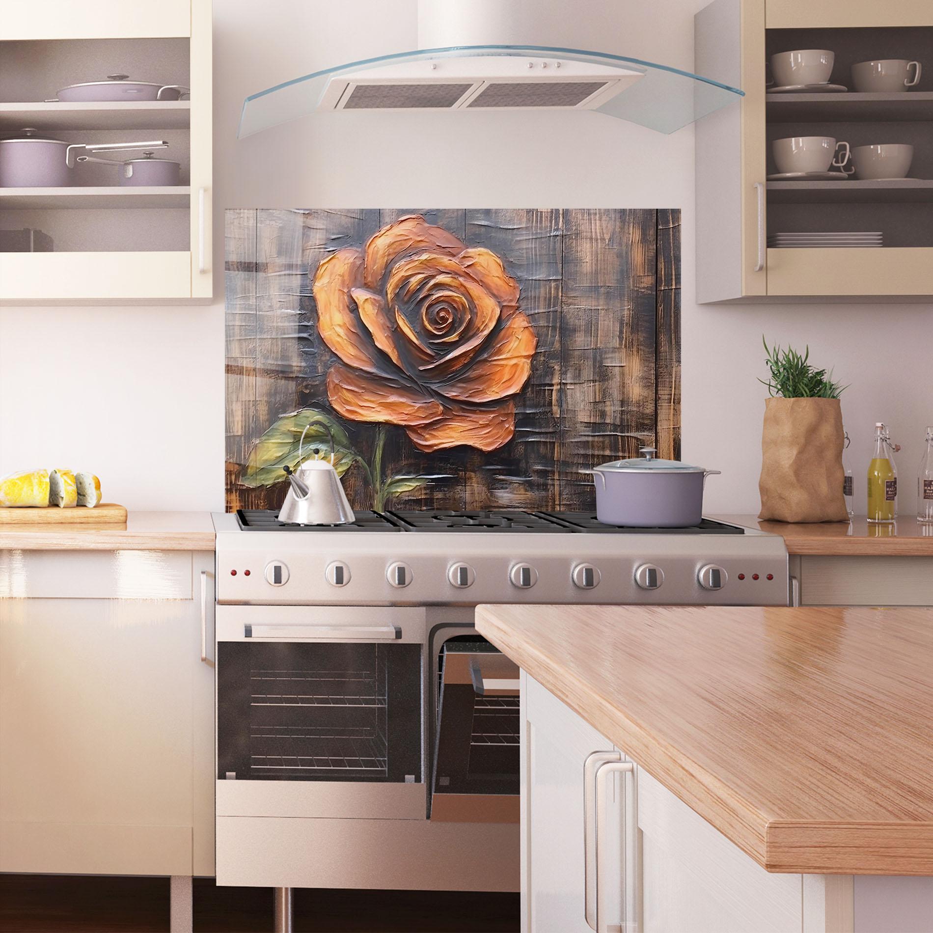 Konyhai üveg hátfal Orange Rose On Wood mockup 1