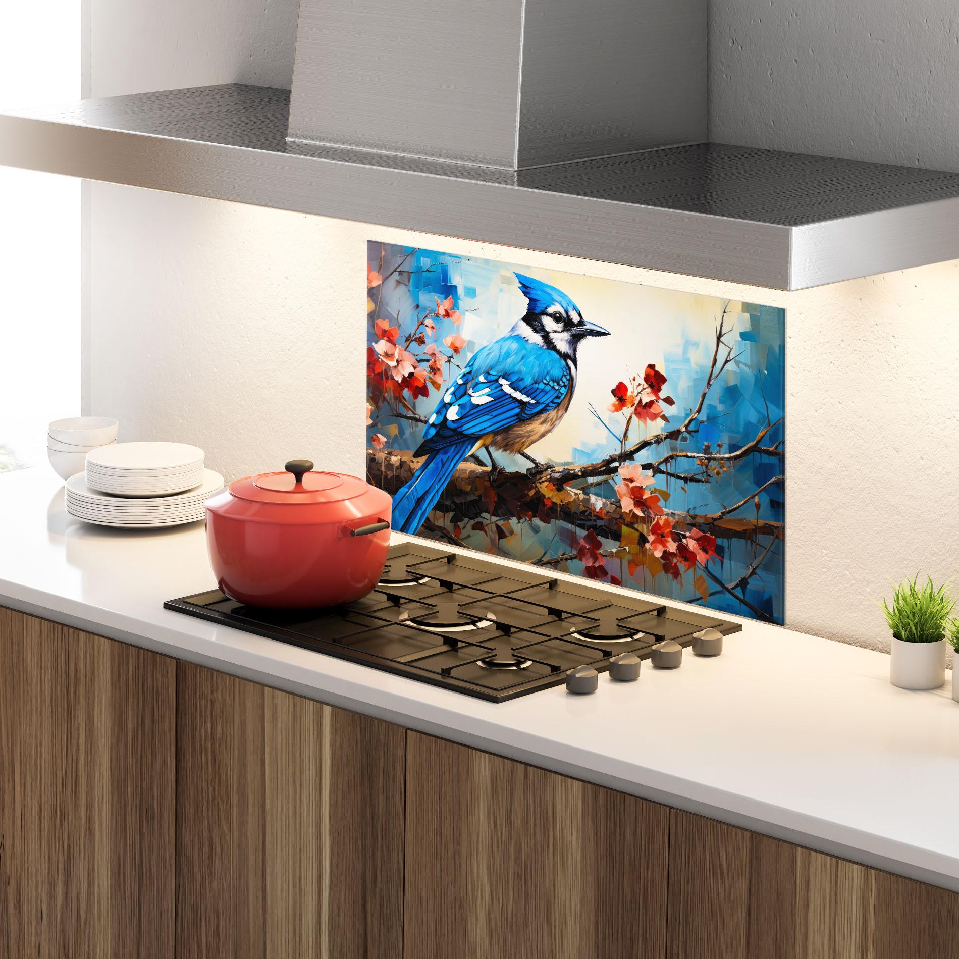 Konyhai üveg hátfal Blue Bird Sitting Art mockup 4