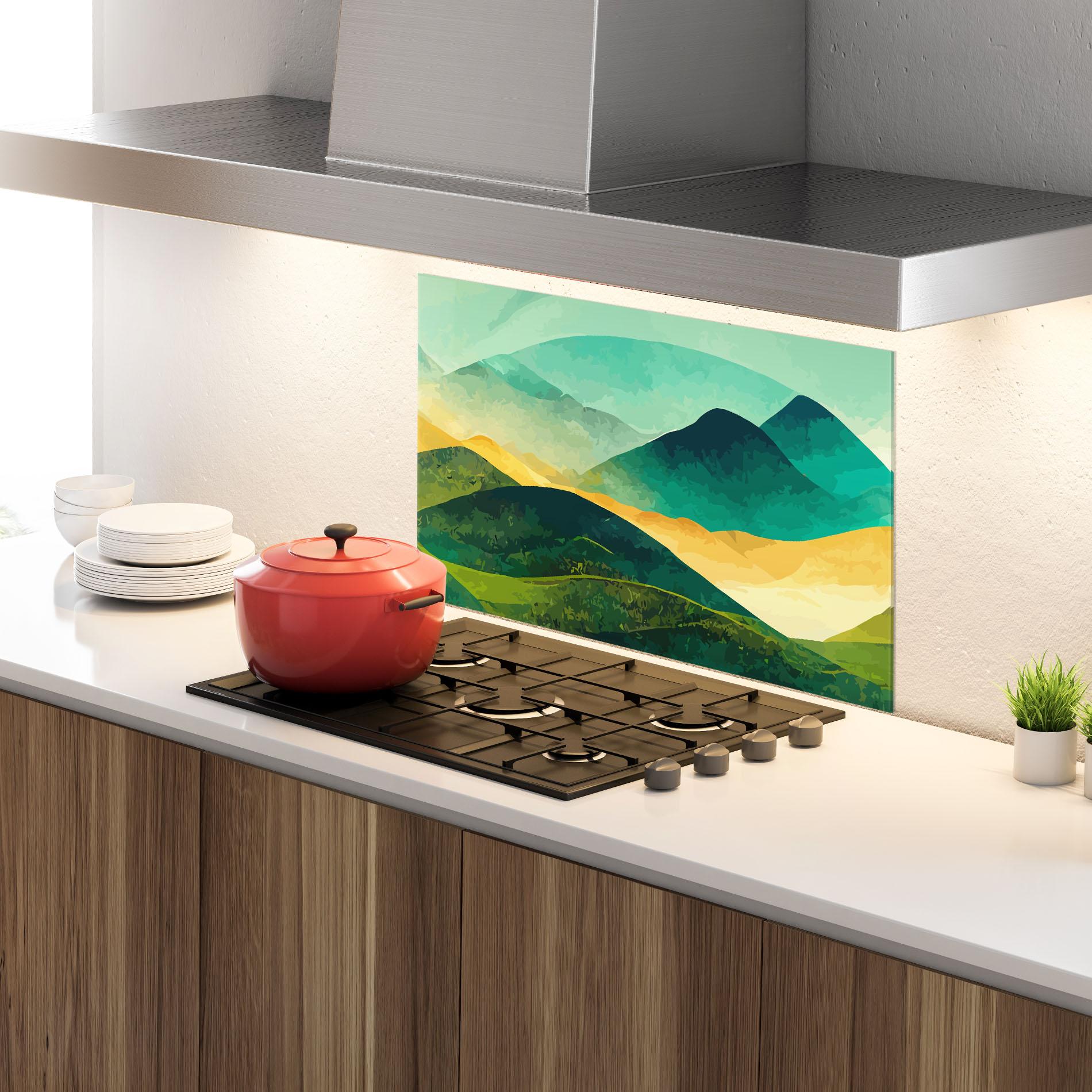 Konyhai üveg hátfal Green Art Mountain mockup 4