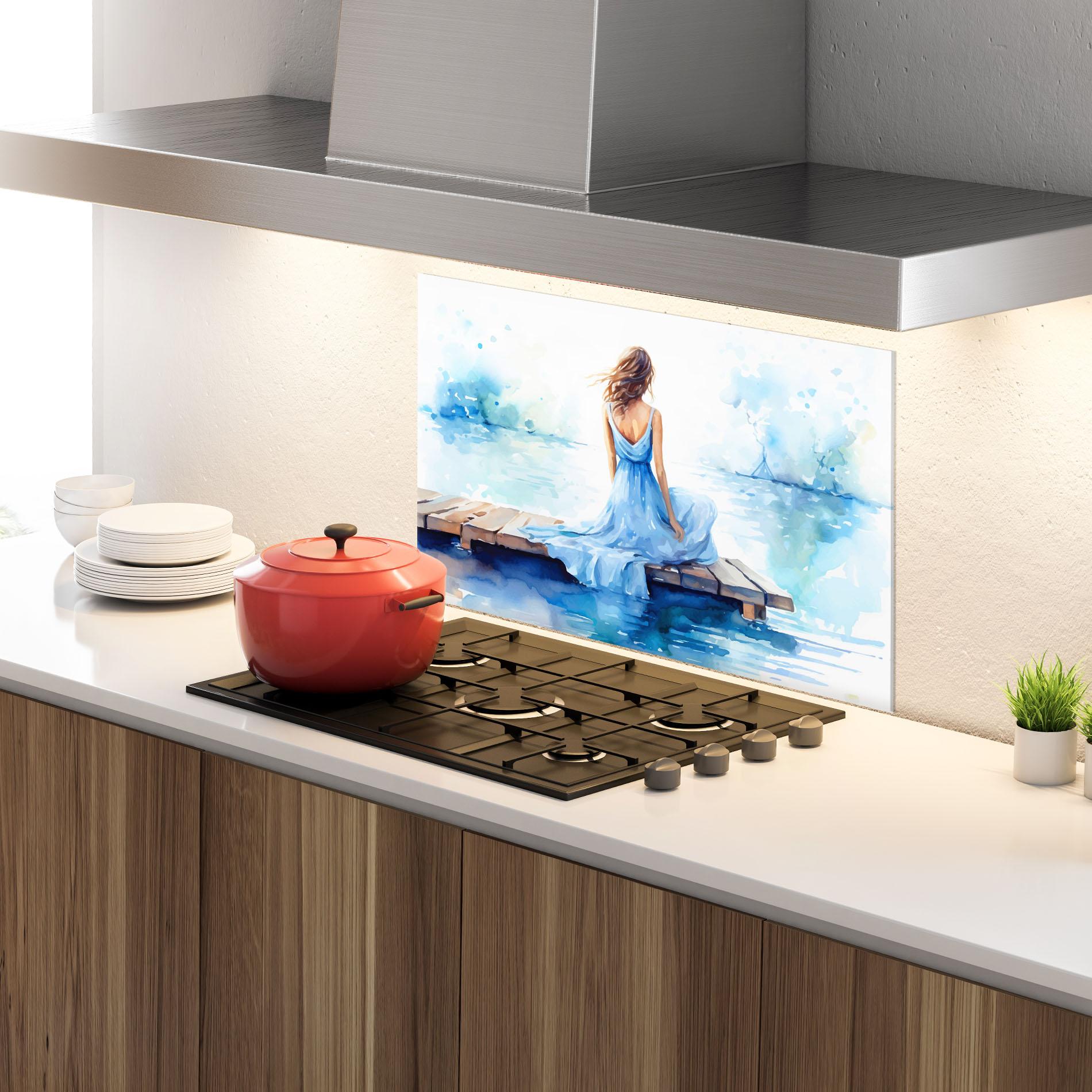 Konyhai üveg hátfal Lake Blue Woman mockup 4