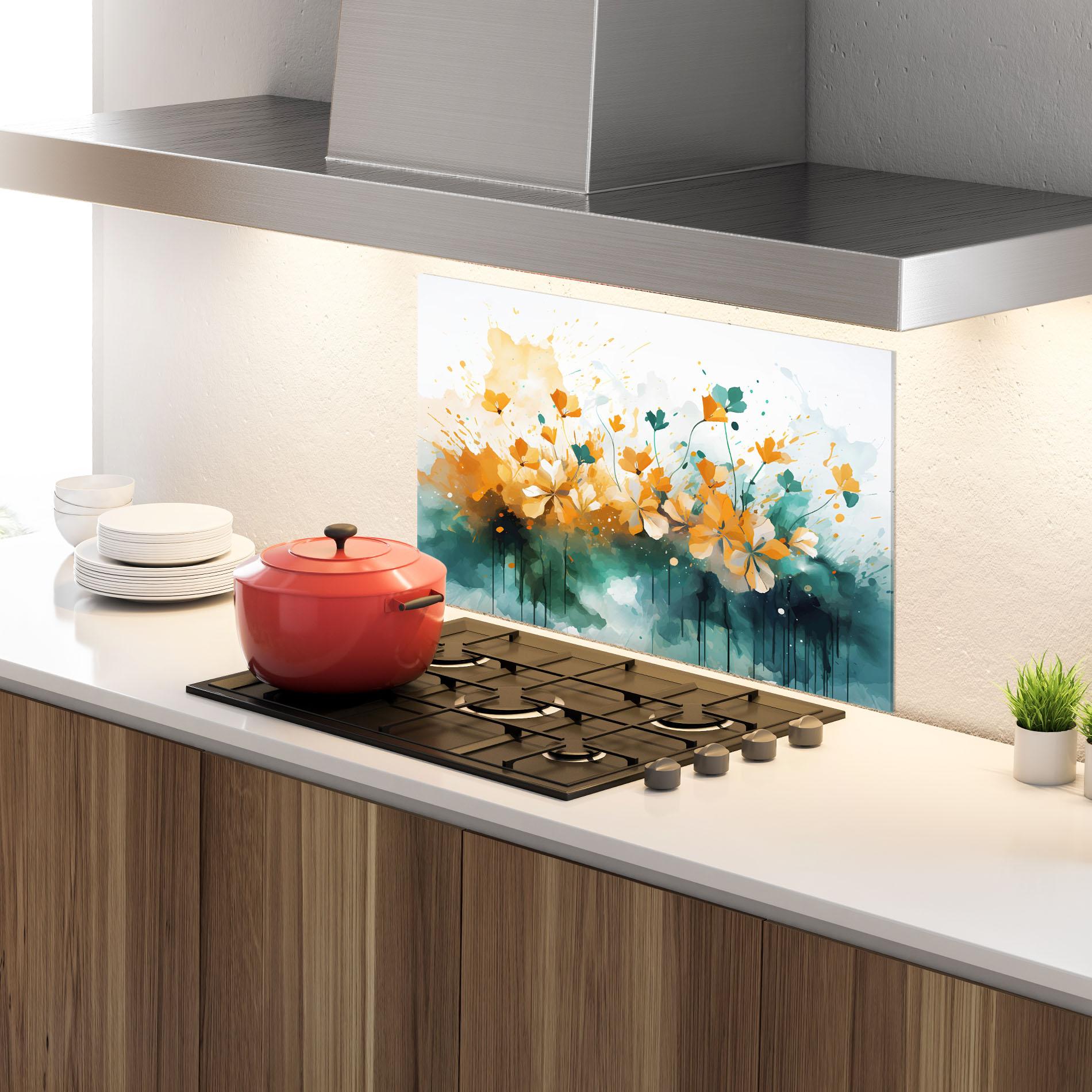 Konyhai üveg hátfal Orange Green Flowers mockup 4