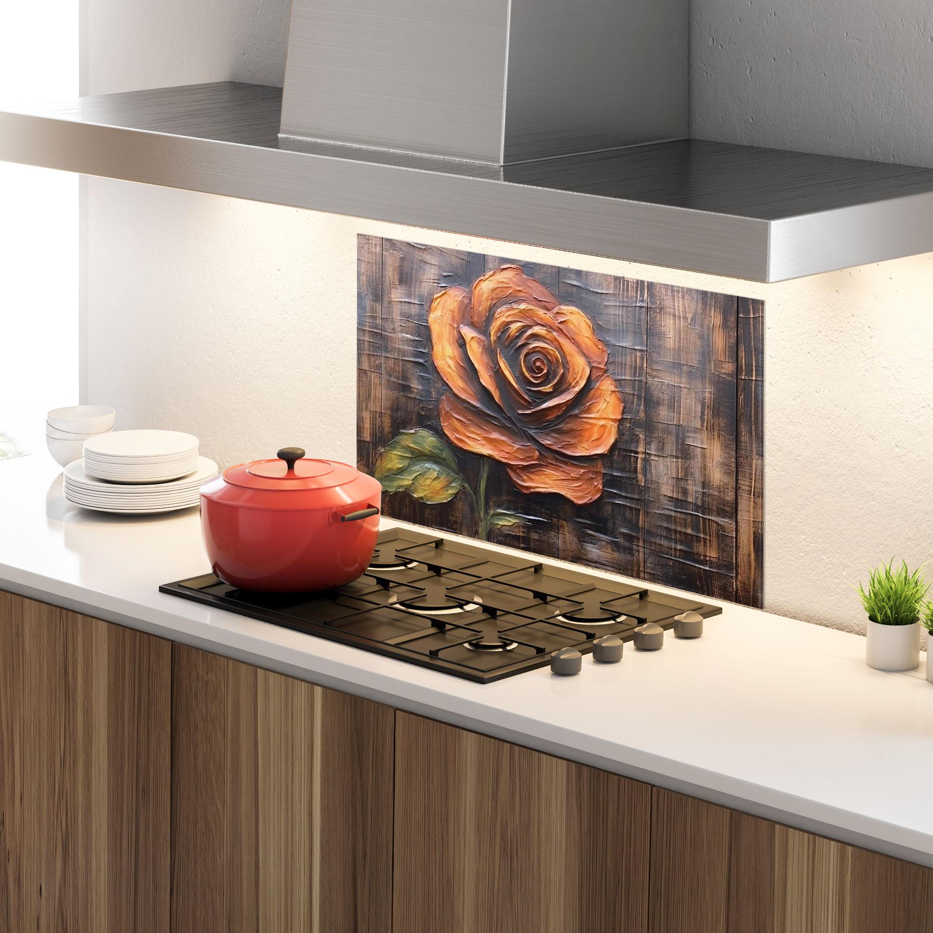 Konyhai üveg hátfal Orange Rose On Wood mockup 4