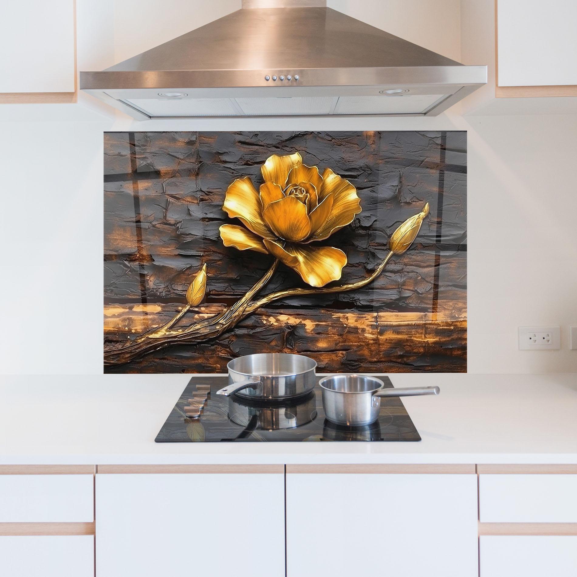 Konyhai üveg hátfal Golden Rose On Wood mockup 5