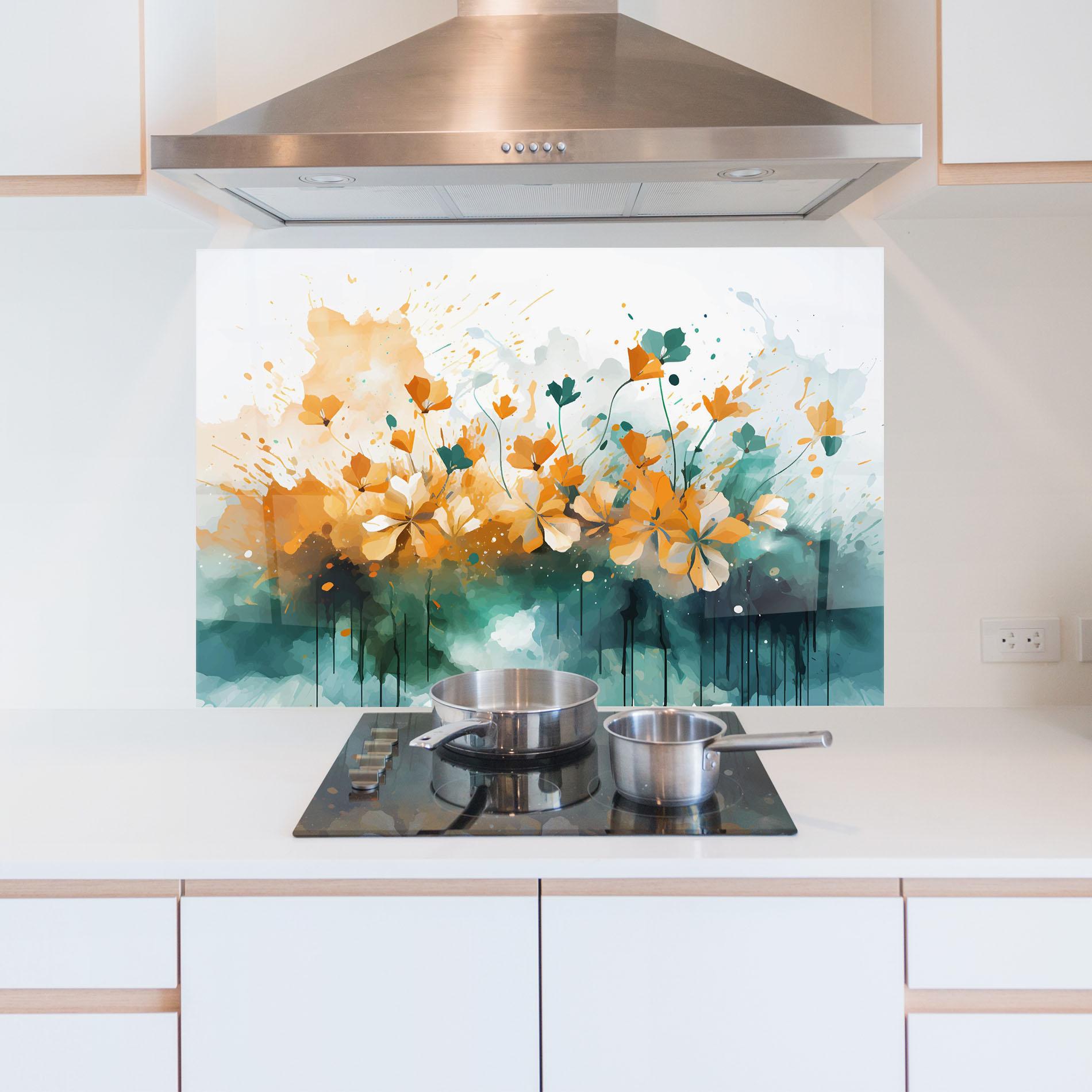 Konyhai üveg hátfal Orange Green Flowers mockup 5