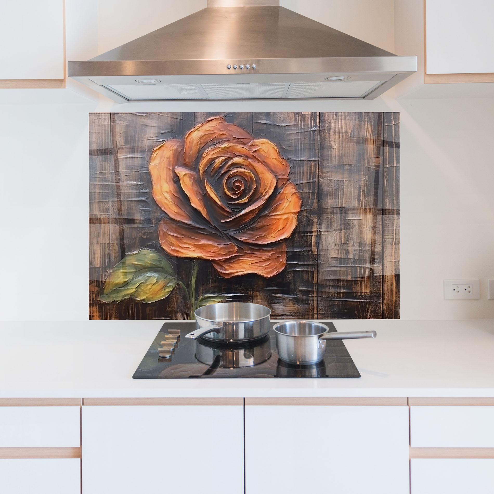 Konyhai üveg hátfal Orange Rose On Wood mockup 5