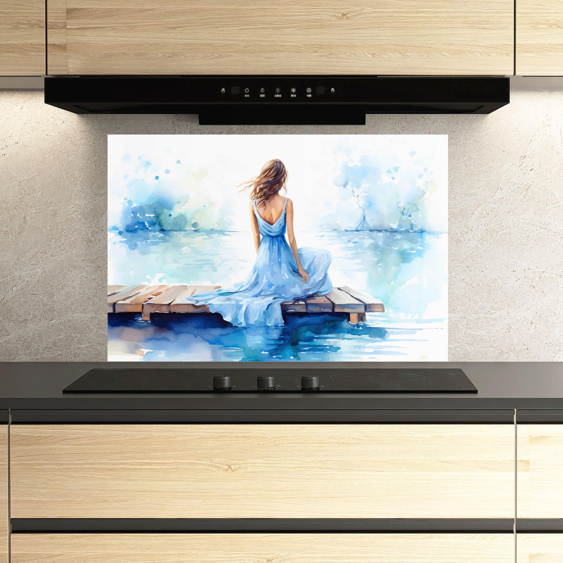 Konyhai üveg hátfal Lake Blue Woman mockup 3